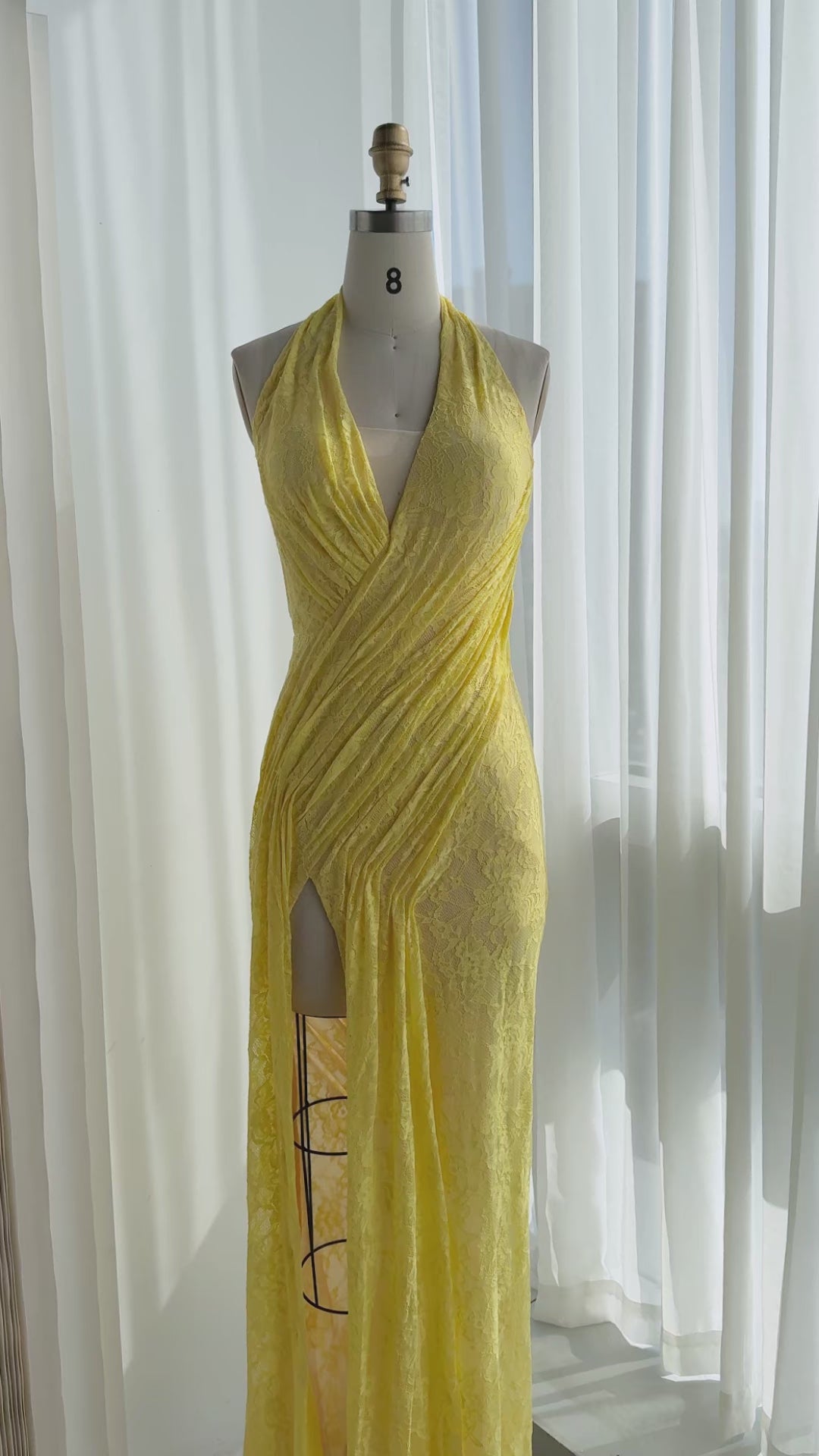 Load video: Yellow Tulle Halter Ruched Evening Dress