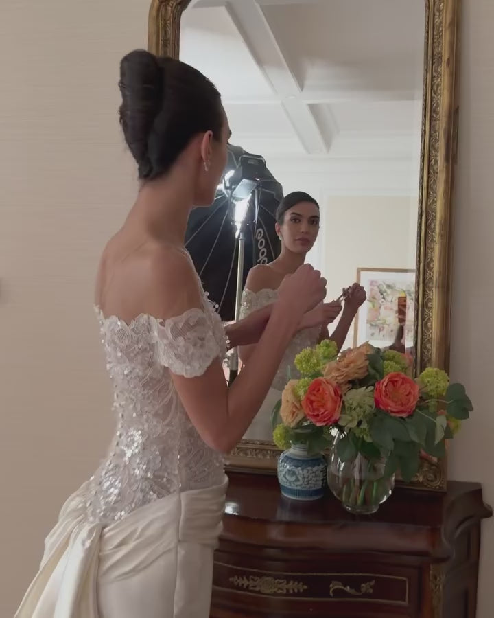 Load video: Off-the-Shoulder Lace &amp; Satin Mermaid Wedding Dress with Train &amp; Veil SW231