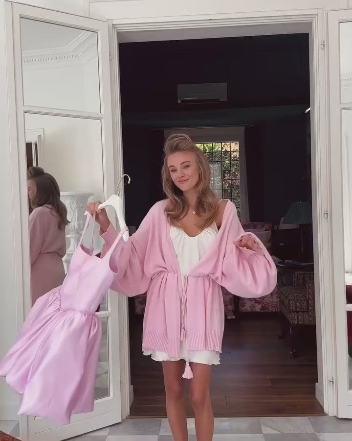 Load video: Pink Off-Shoulder Satin Mini Short Homecoming Dress RM202