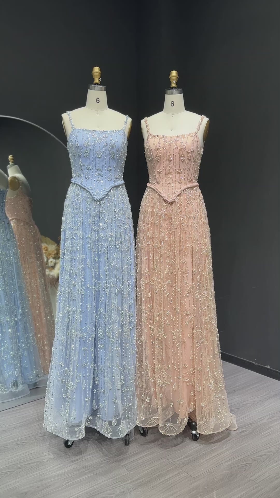 Charger la vidéo : Luxury Sequined Floral Lace Square Neck A-Line Evening Dress SS693