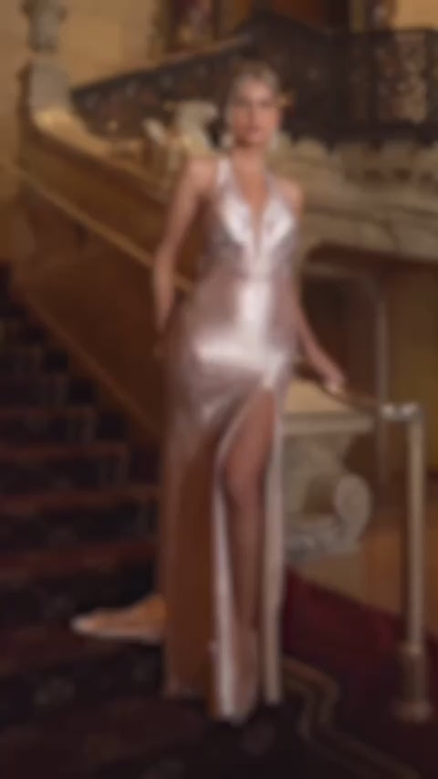 Load video: Sparkly Crystal Gold Halter Mermaid Prom Dresses with Slit Open Back Long Women Party Evening Gowns
