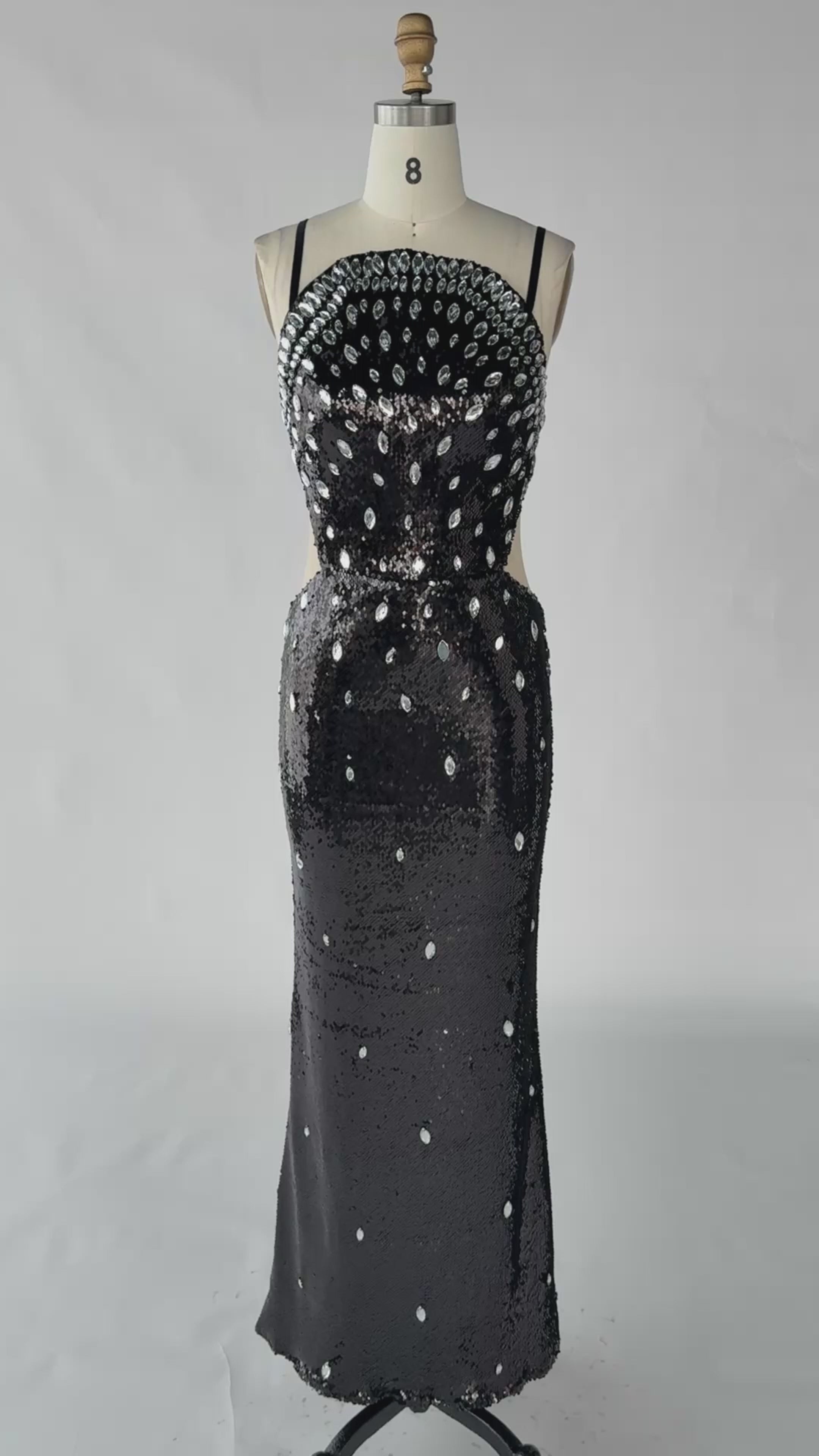 Load video: Black Sequin Spaghetti Strap Evening Dress Rhinestone Crystal Embellished Prom Dress ST016
