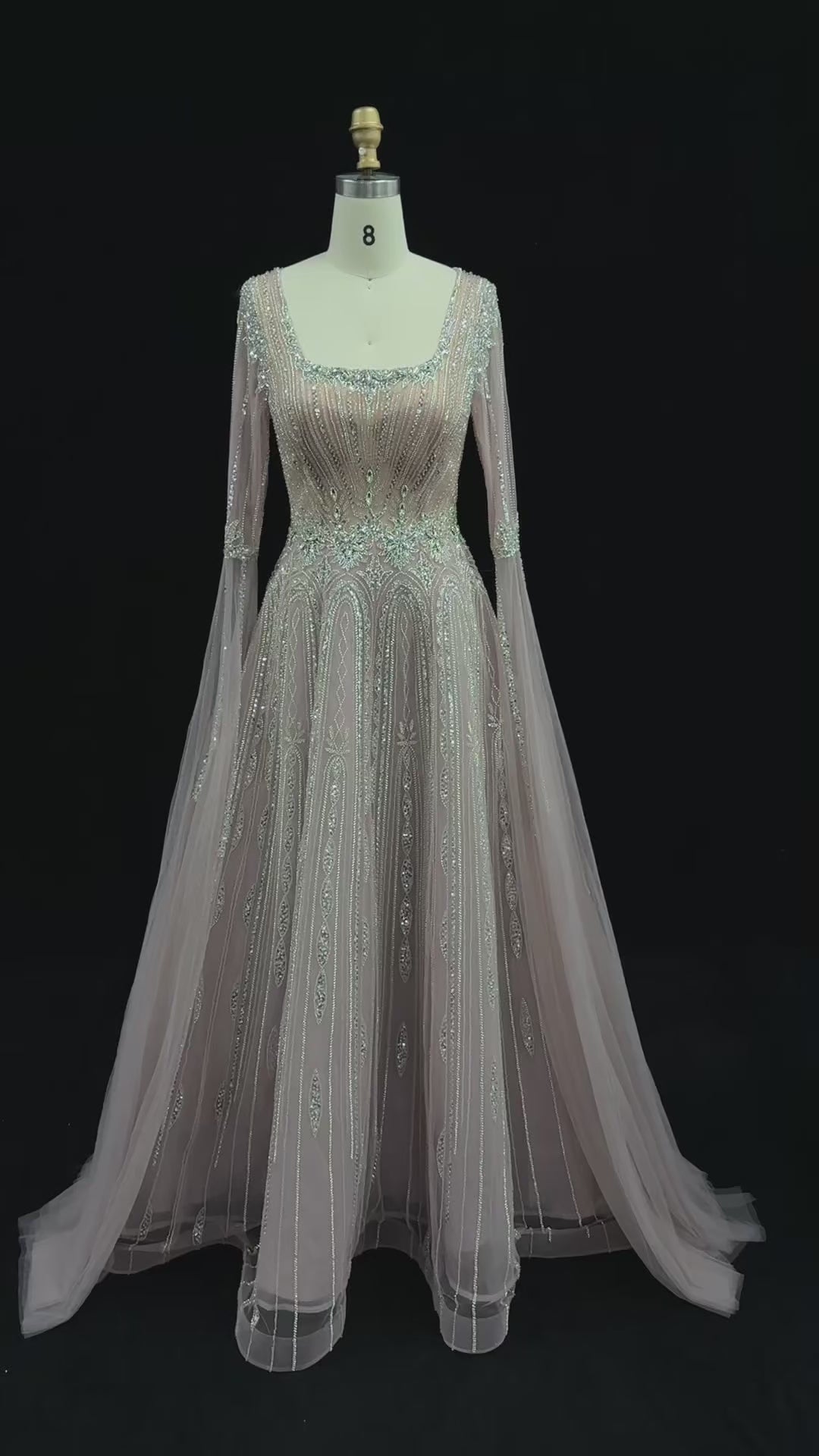 Carica video: Sparkling Sequined Square Neck Long Sleeve A Line Evening Gown SS065