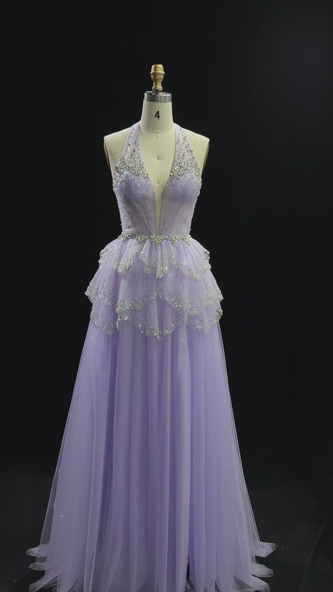 Load video: Purple Beaded Sequined Halter Prom Dress SH262