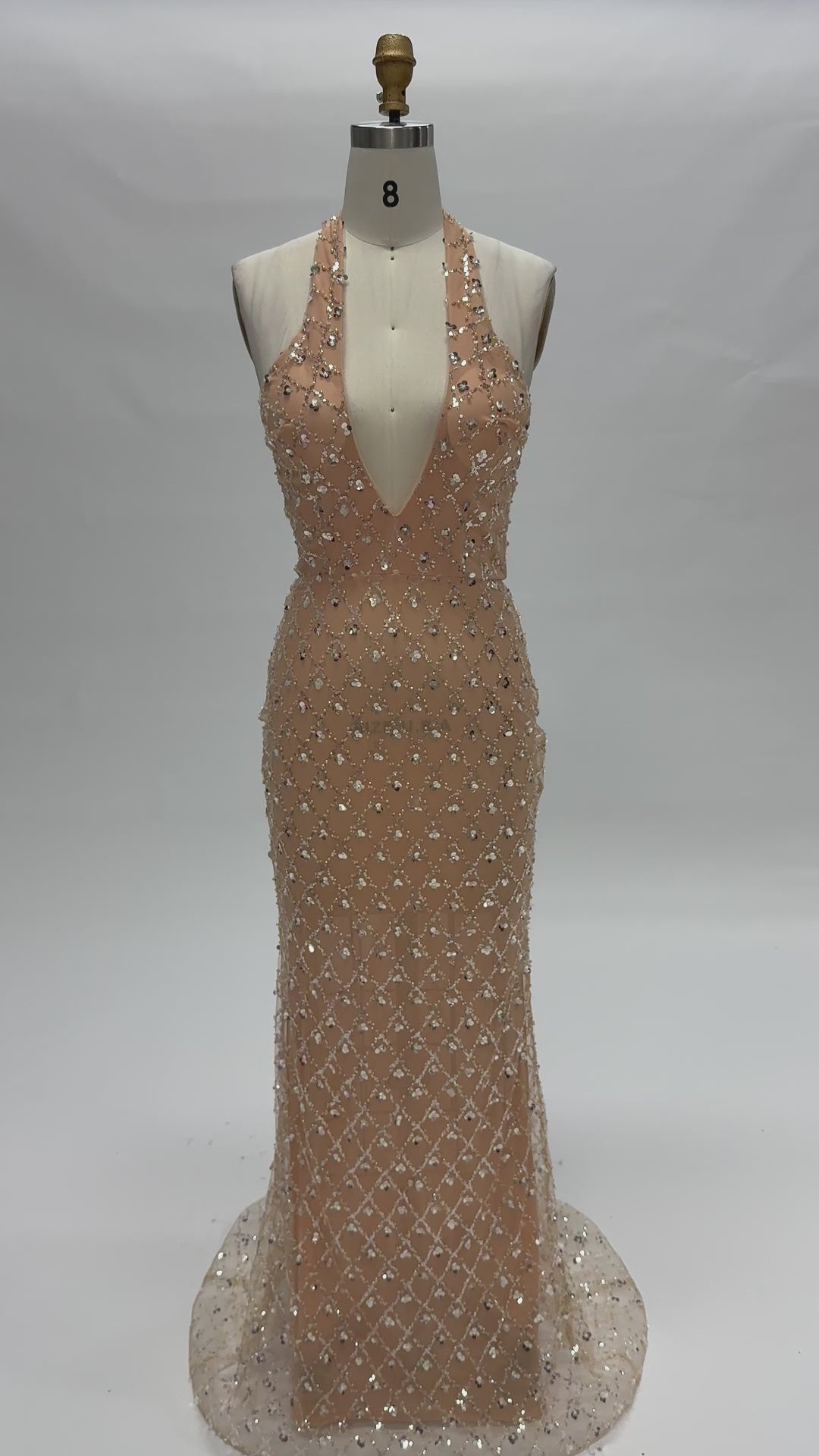 Load video: Champagne Sequin Halter Neck Evening Dress with Deep V Plunge ST028