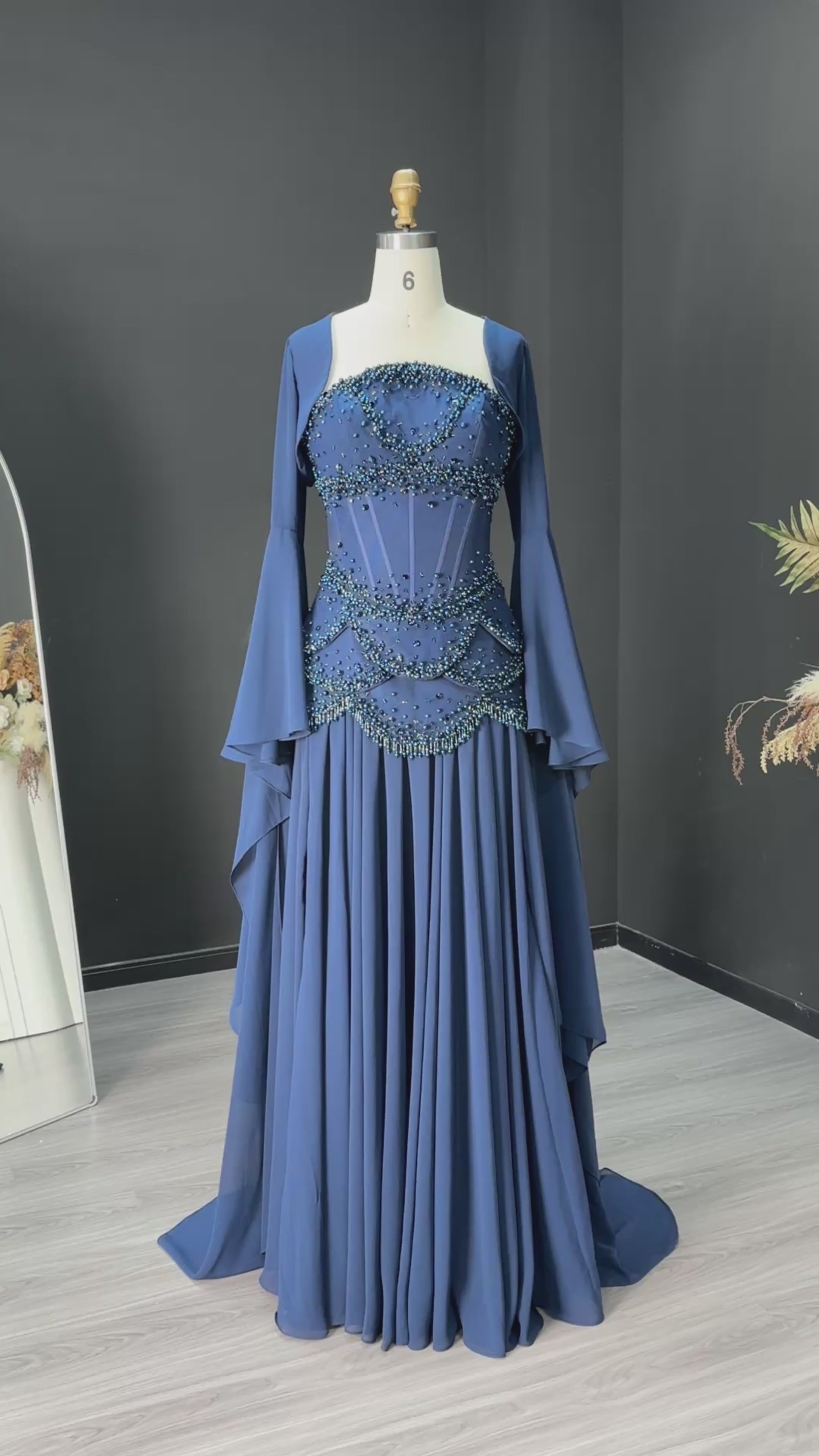 Load video: Luxury Blue Beaded Formal Evening Gown with Bell Sleeves SS286