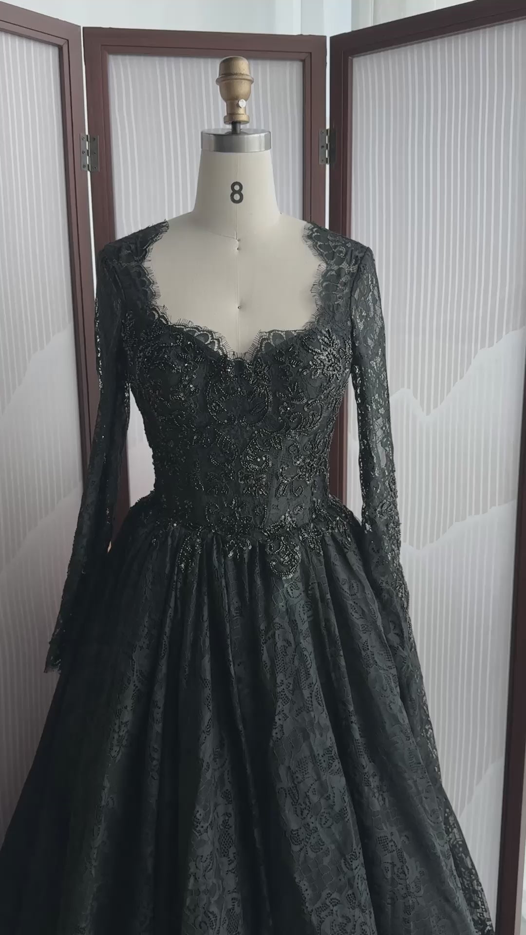 Load video: Black Gothic Off-Shoulder Lace Long Sleeves Wedding Dress SW557