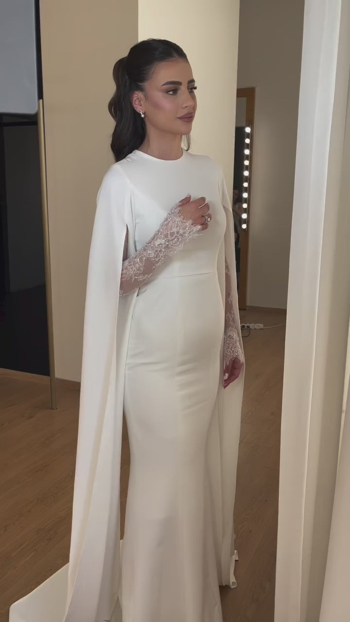 Load video: Ivory Minimalist Modest Mermaid Beaded Satin Wedding Dress  Sweep Train SW513