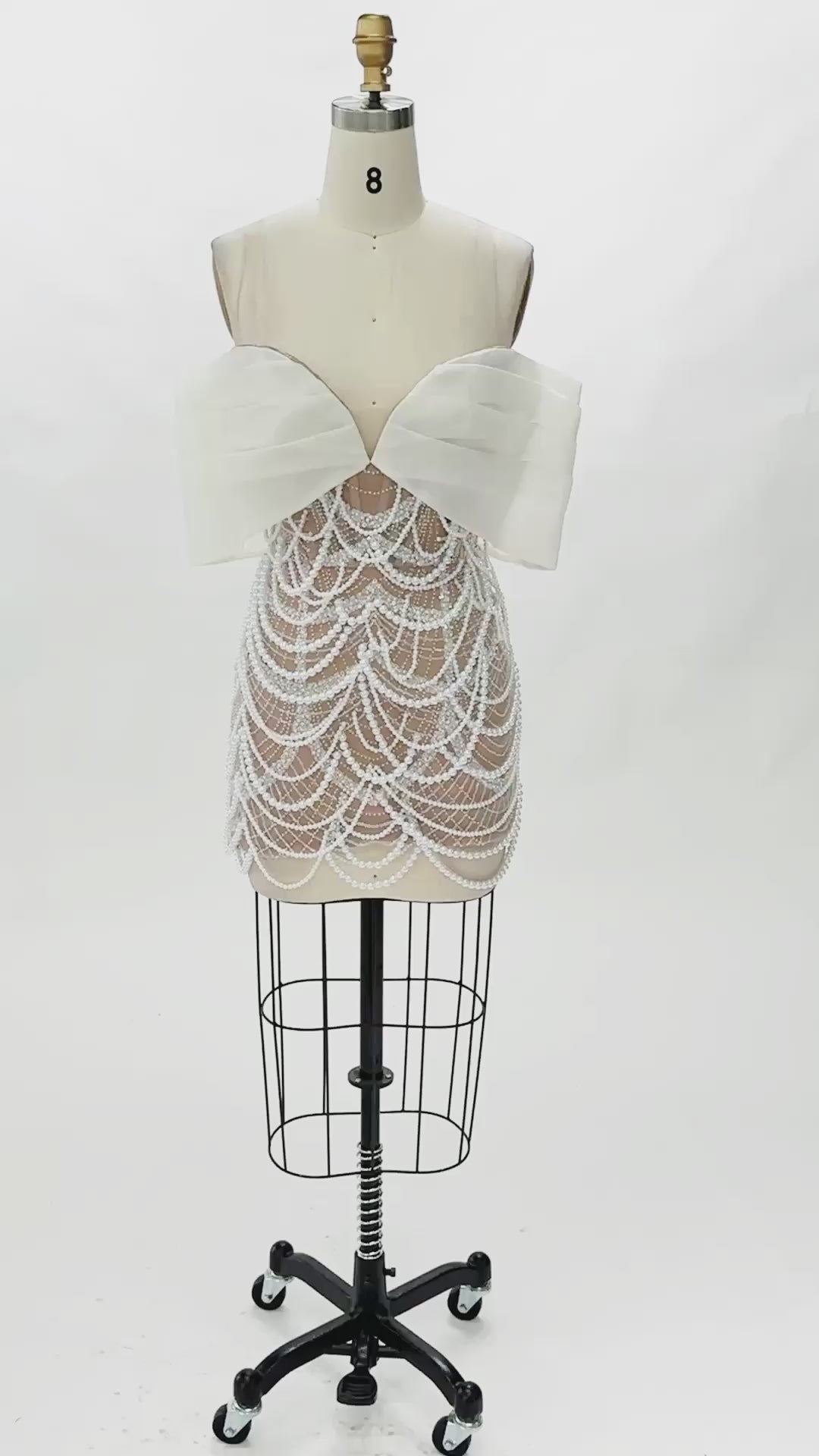 Load video: White Nude Off Shoulder Pearl Beaded Mini Dress ST088