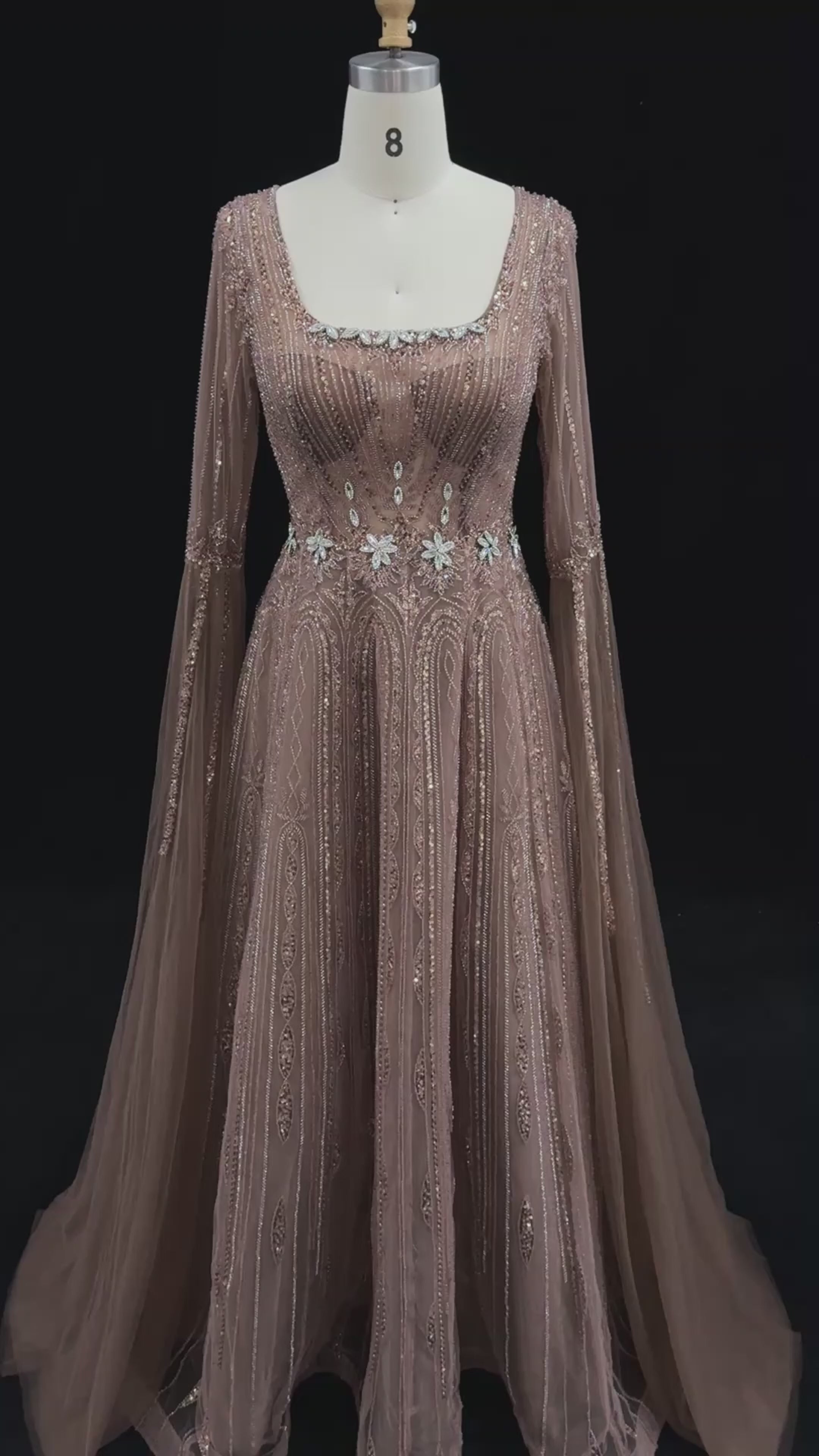 Carica video: Sparkling Sequined Square Neck Long Sleeve A Line Evening Gown SS065