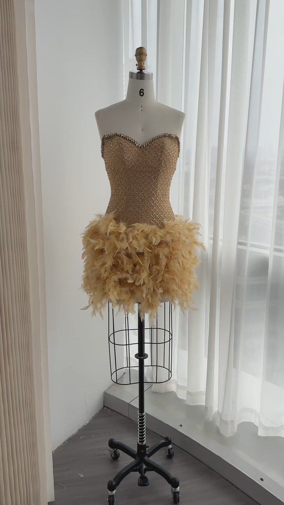 Load video: Champagne Strapless Feather Mini Party Dress