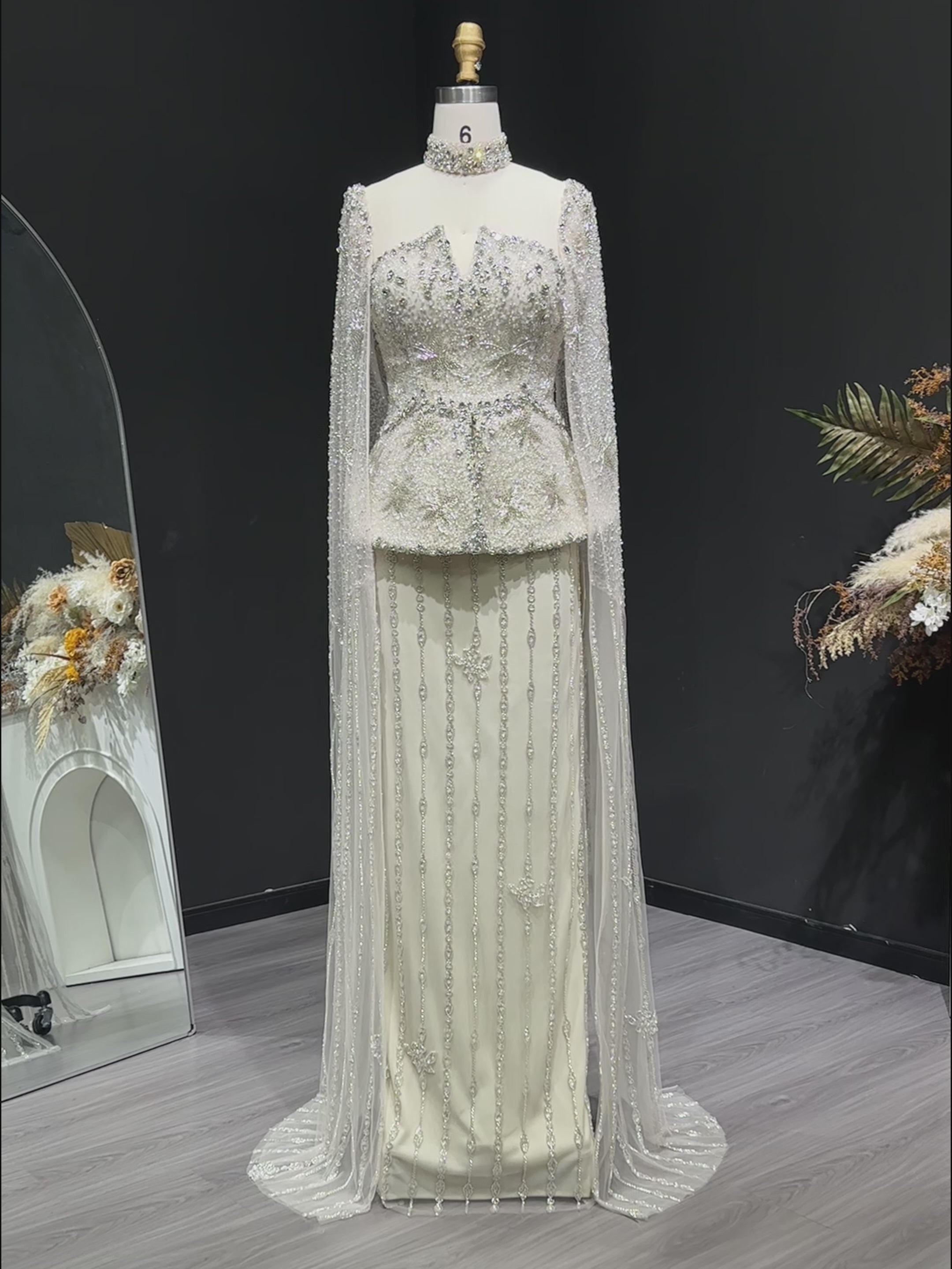 Load video: Luxury Silver Crystal Beaded Cape Mermaid Evening Dress Gown with Peplum SS531