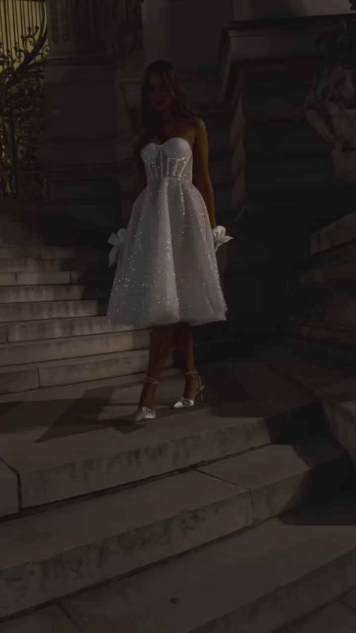 Charger la vidéo : Glamorous Sequin Corset Mini Wedding Dress with Tulle Layers SW113