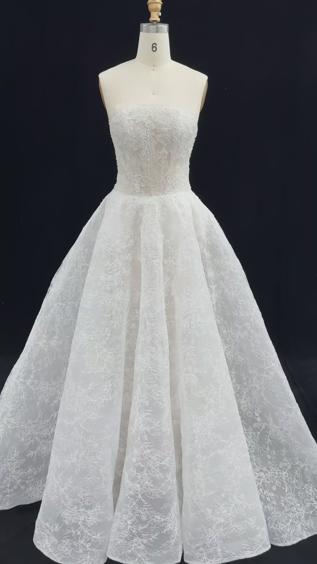 Load video: White Corset Strapless Lace Applique Tulle Bridal Ball Gown Wedding Dress SW611
