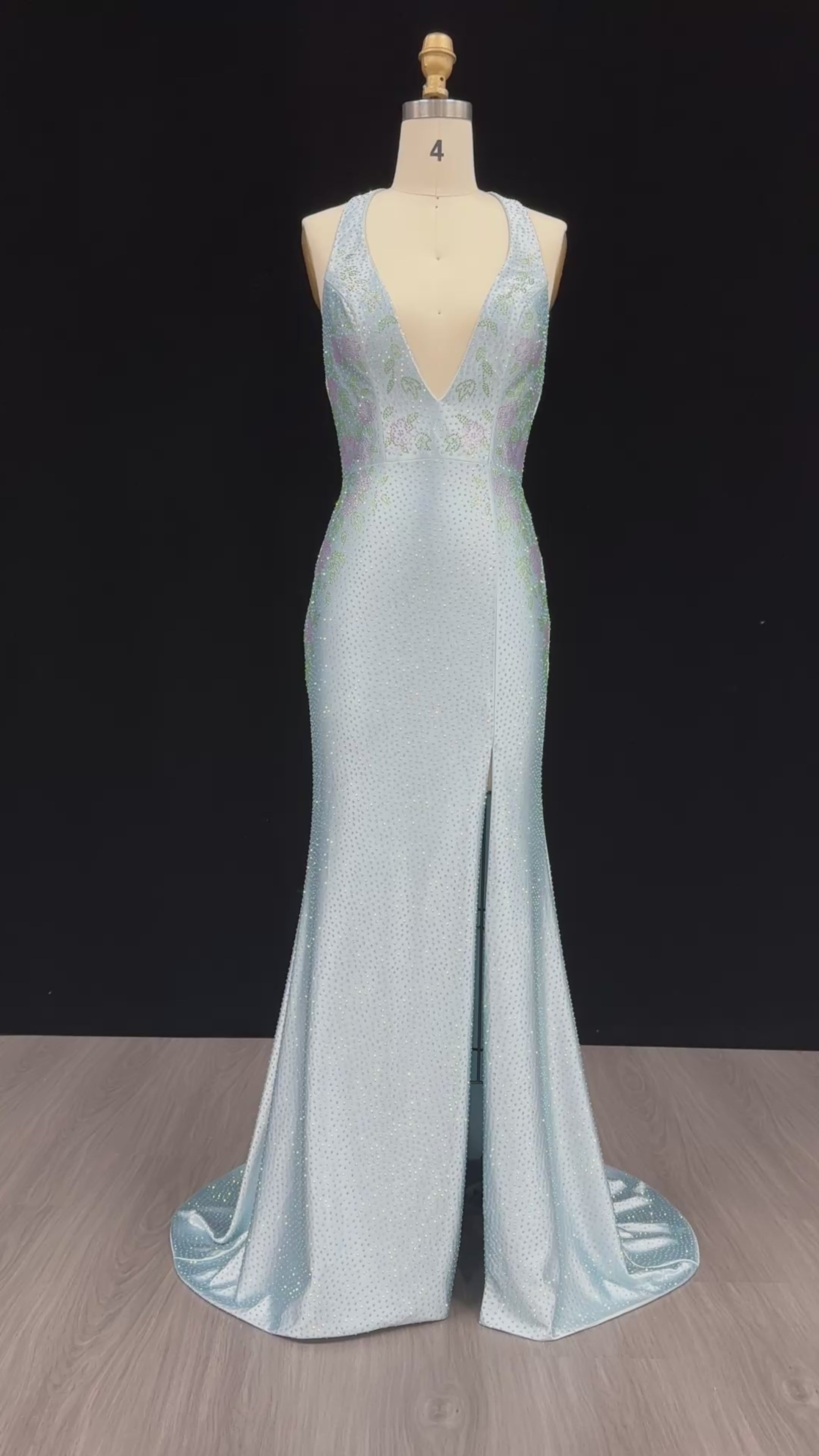 Load video: Romantic Light Blue Open Back Prom Dress with Slit SH185