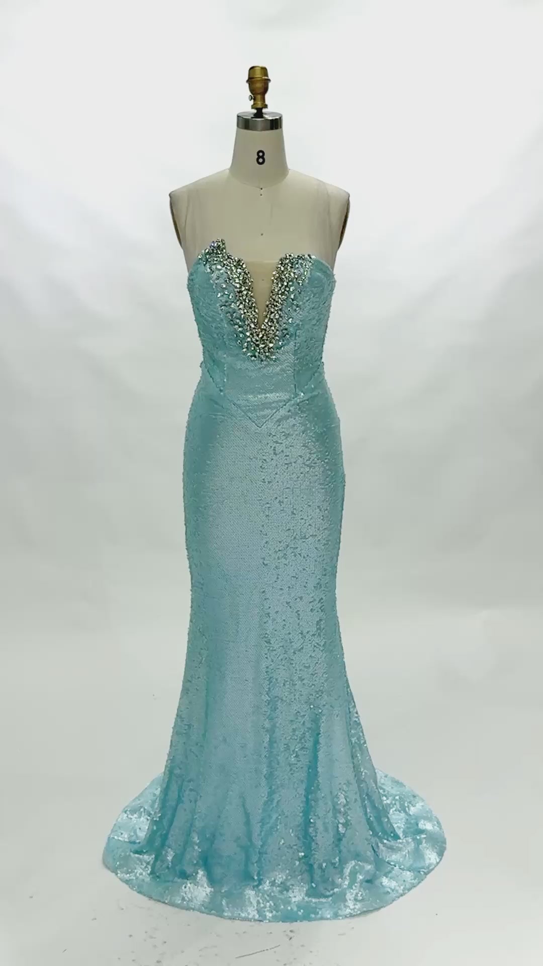 Carica video: Blue Strapless Sequin Beaded Evening Dress ST096