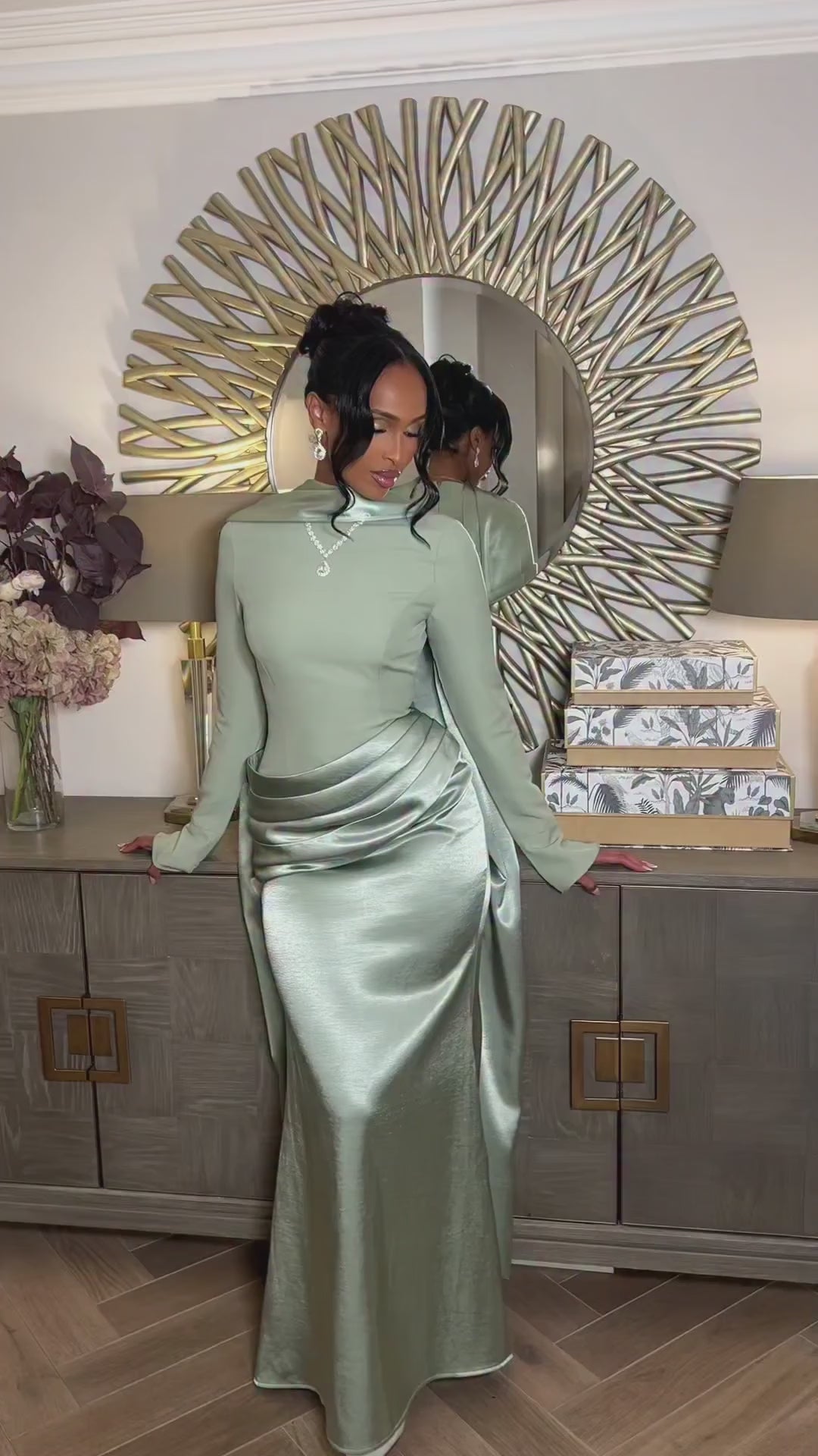 Load video: Sage Green High Neck Sheath Evening Dress with Long Cape SF170