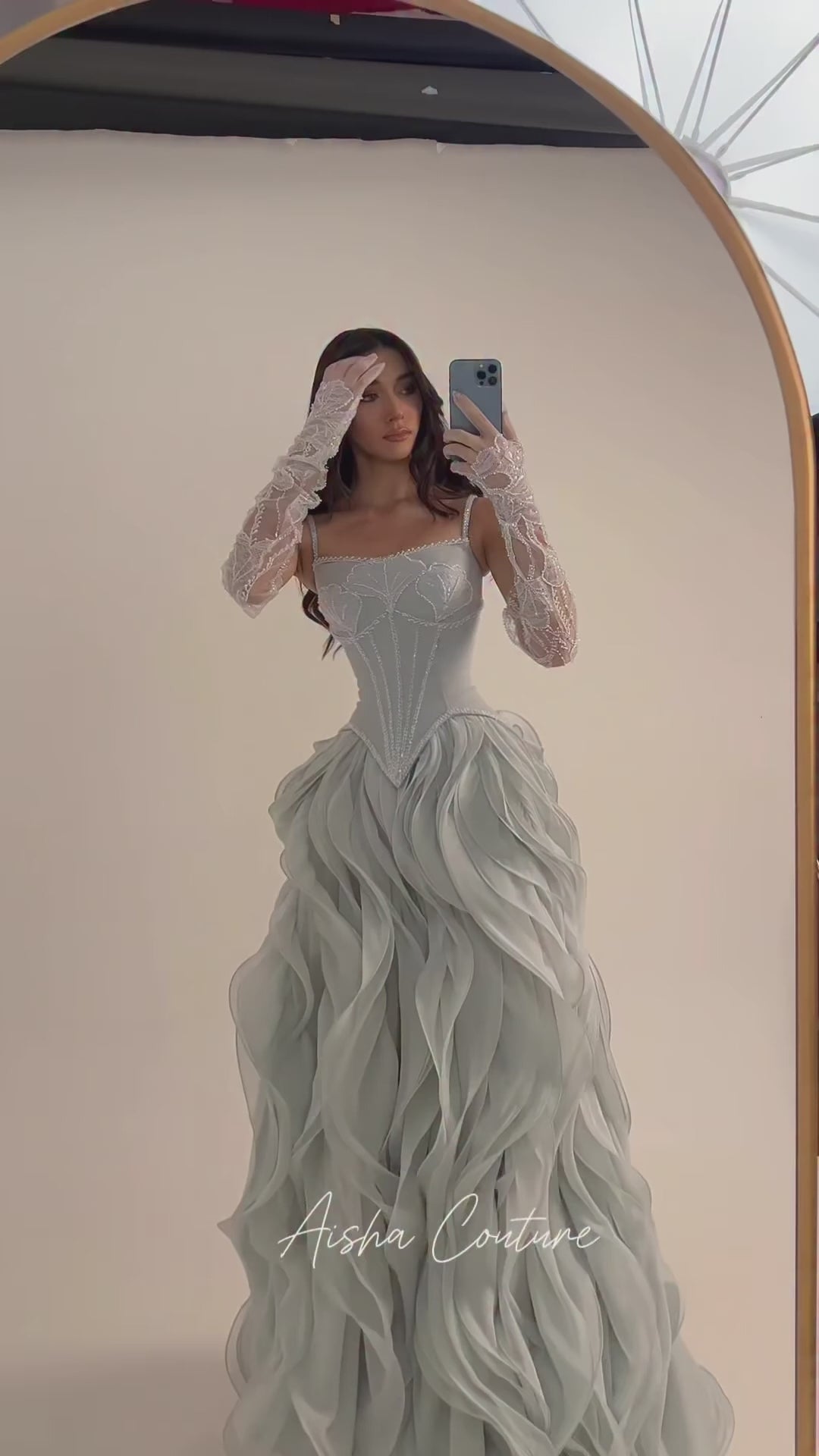 Load video: Luxurious Ice Blue Light Grey Corset Ball Gown Cascading Ruffle Tiered Evening Dress With Gloves SS672