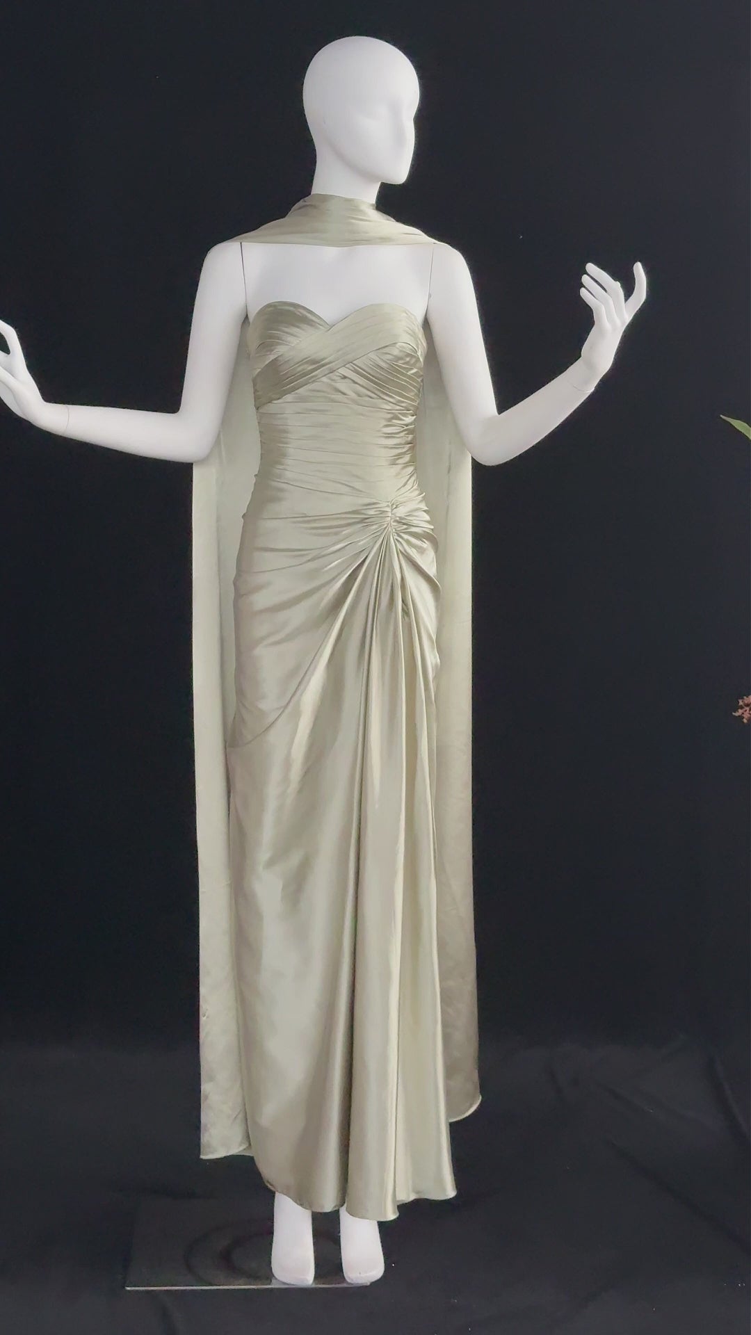 Load video: Mint Green Satin Strapless Evening Dress with Attached Cape SF157