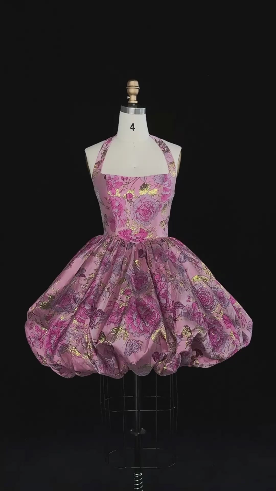 Load video: Pink Floral Brocade Halter Bubble Mini Dress RM199