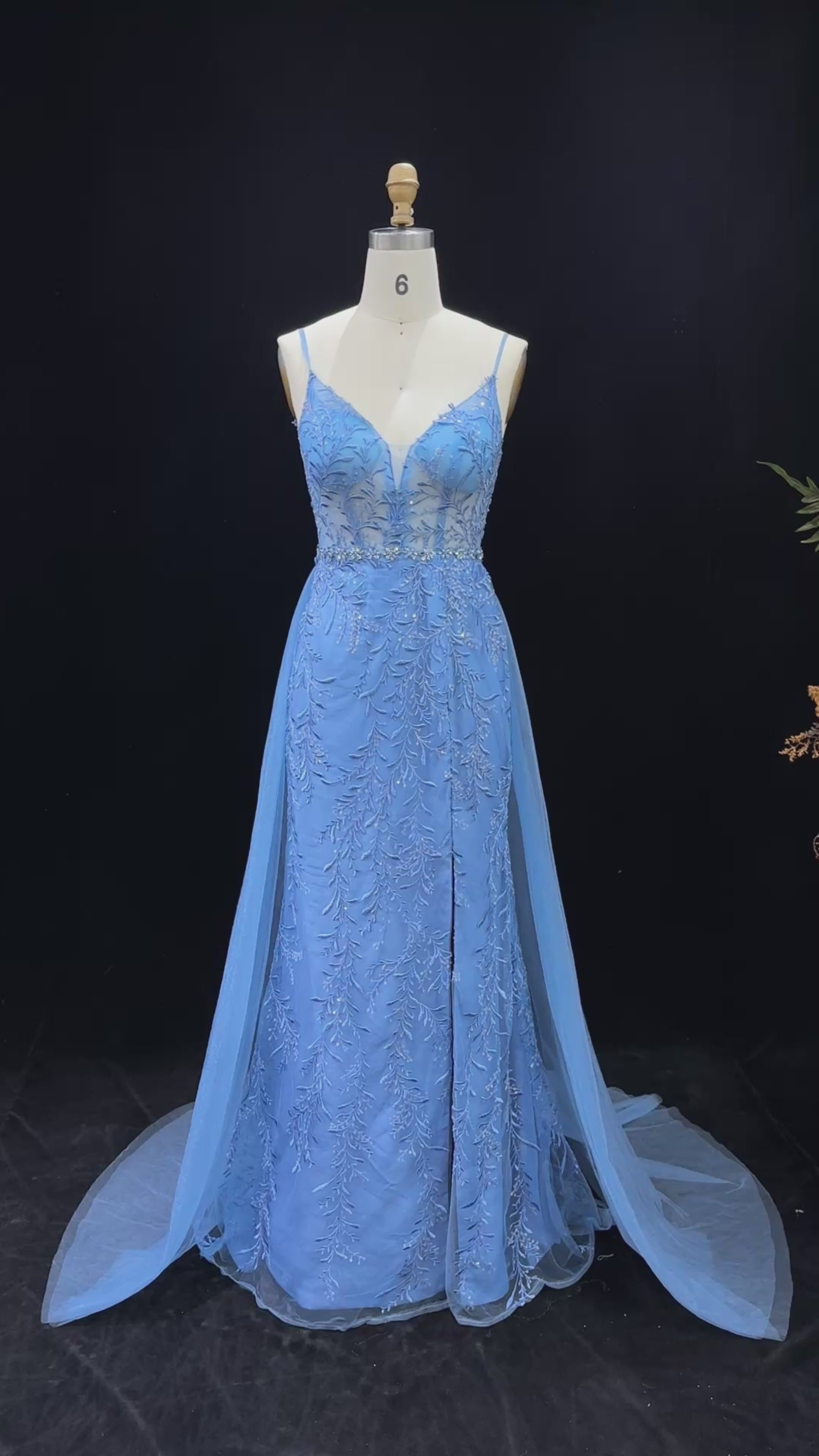 Load video: Romantic Dusty Blue Sheer Bodice Prom Dress with Train SH191