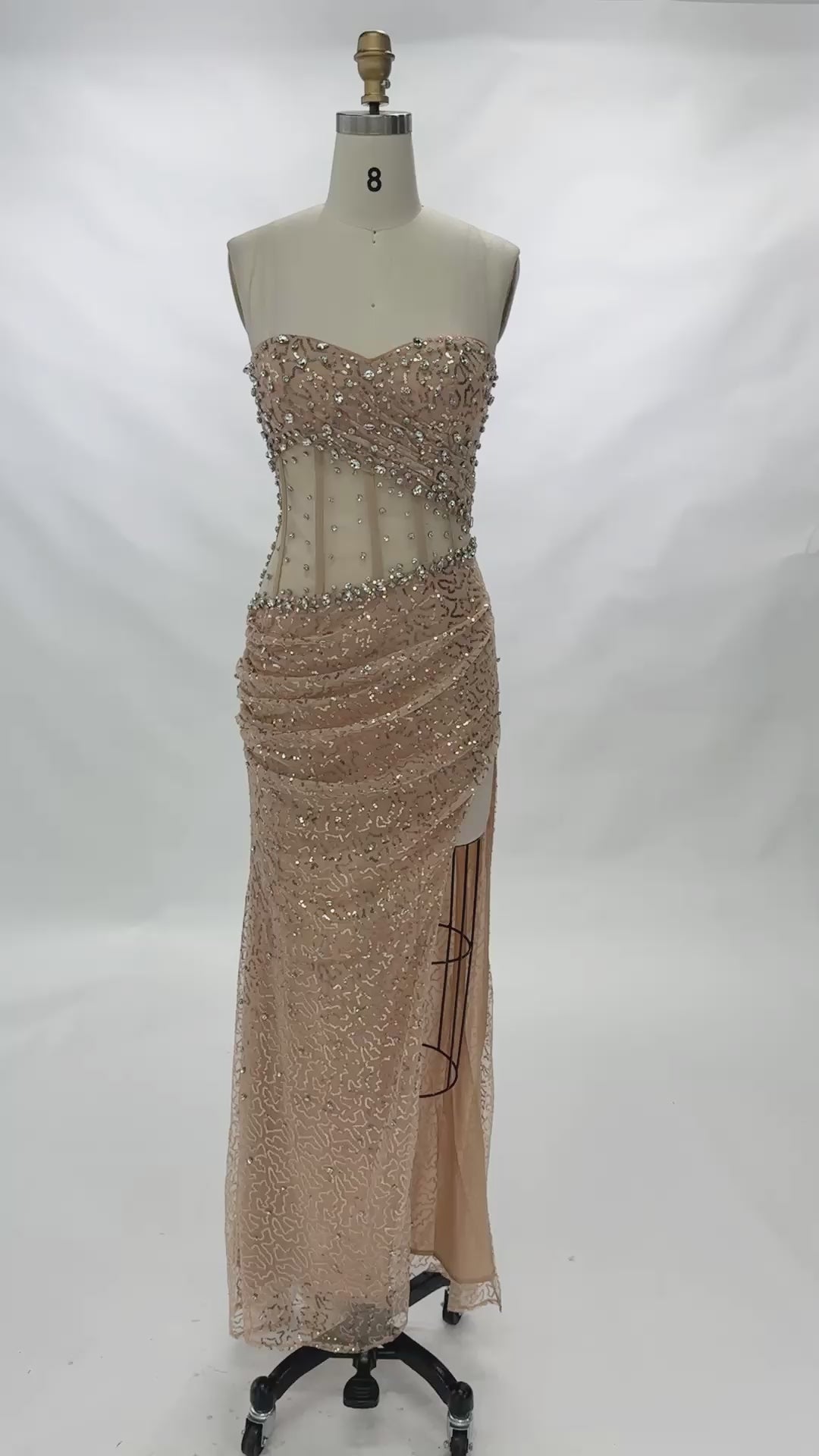 Carica video: Champagne Sequin Corset Slit Evening Dress ST083