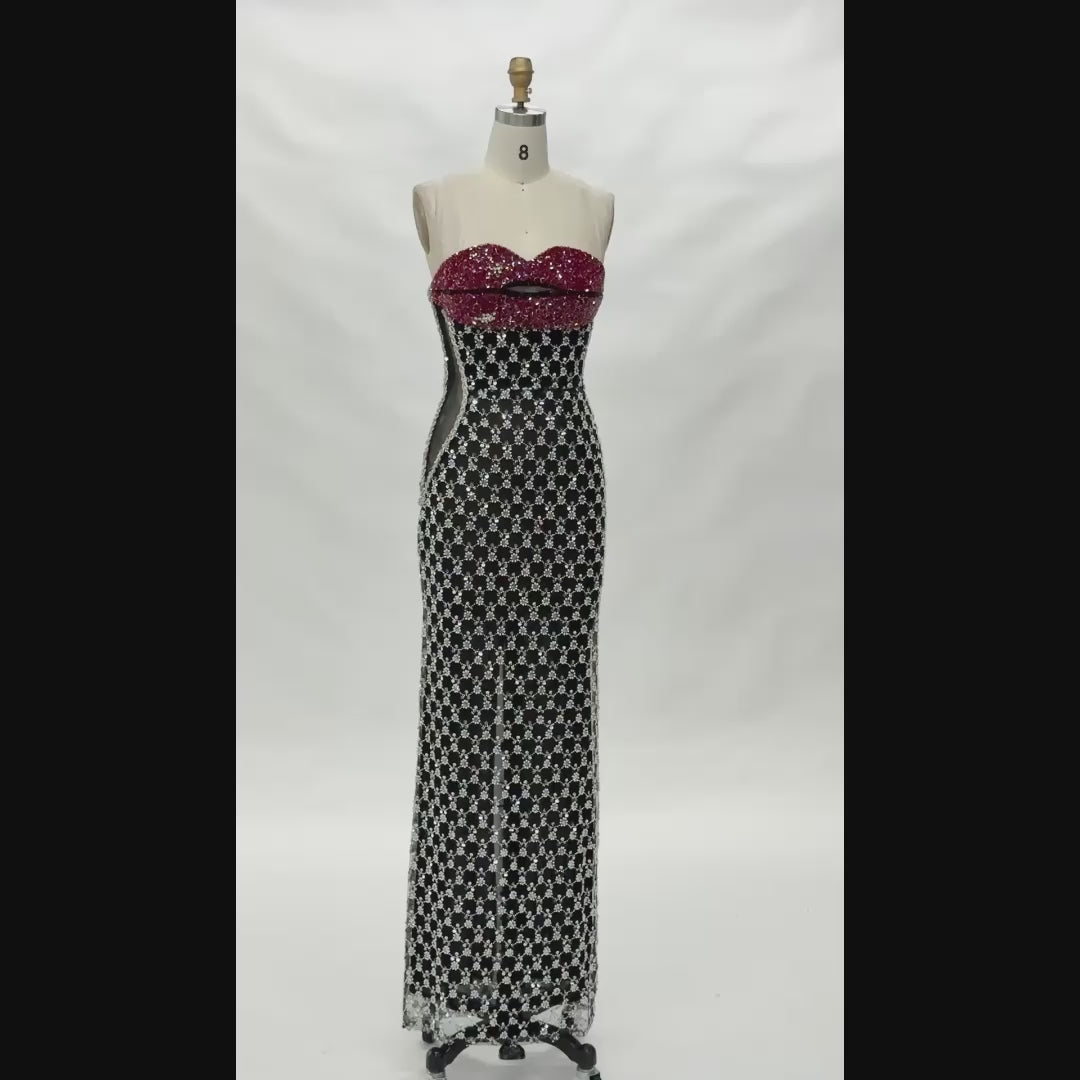 Carica video: Black Strapless Sequin Evening Gown ST079