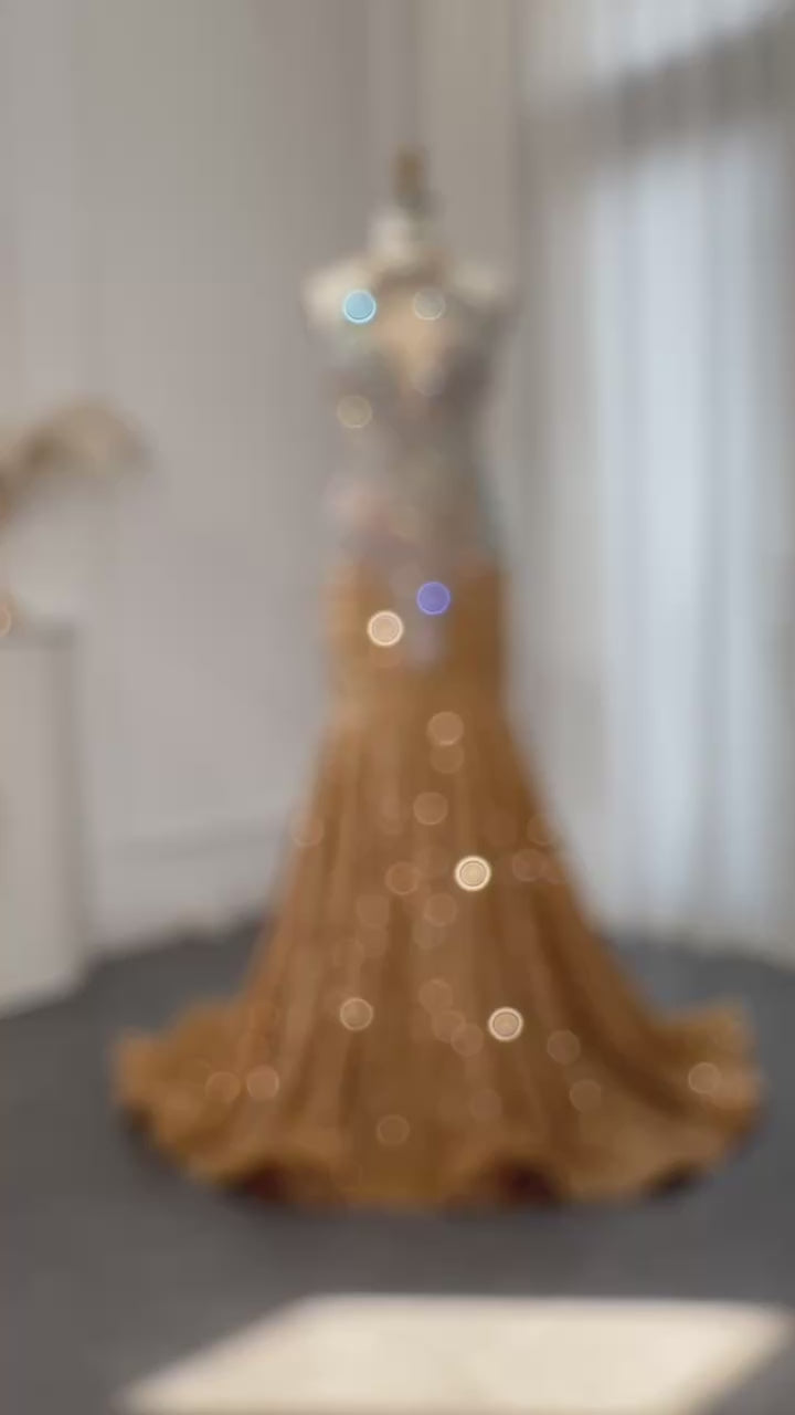 Load video: Gold Crystal Mermaid Prom Dresses for Black Girls Long Graduation Party