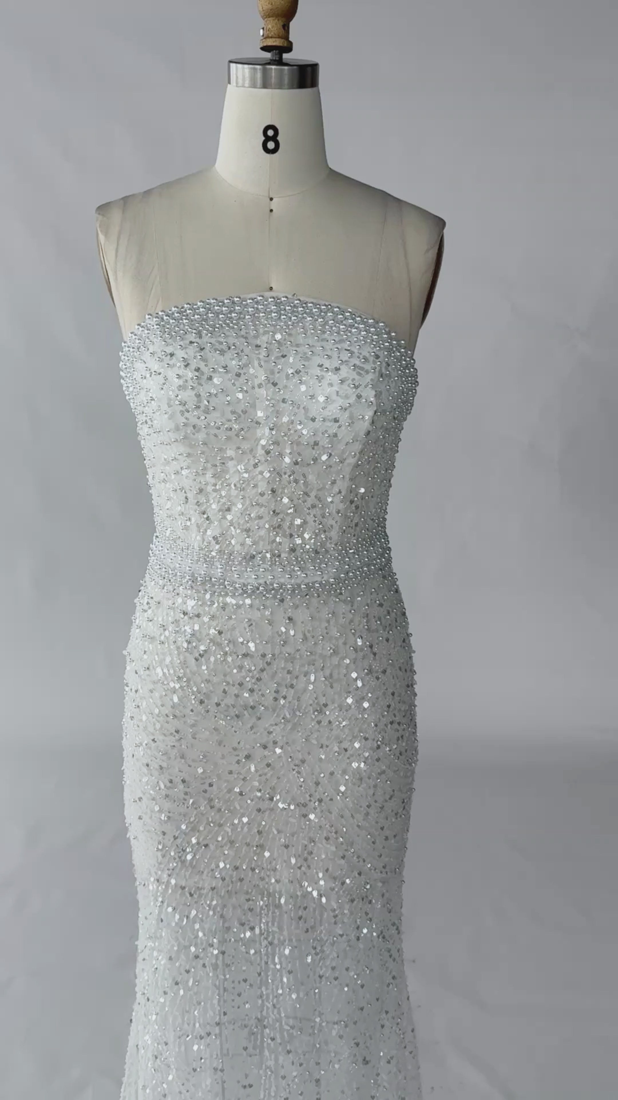 Load video: White Beading Strapless Evening Dress Pearl Beaded Mermaid Evening Dress ST014