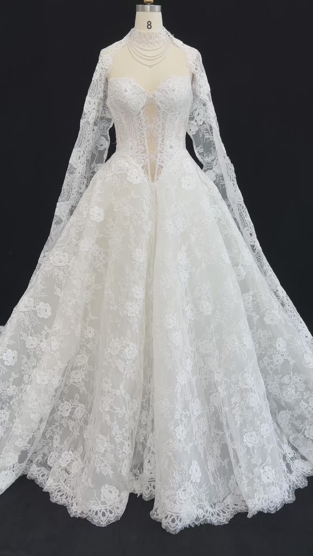 Load video: White Lace Ball Gown Sweetheart Wedding Dress with Detachable Capelet SW166