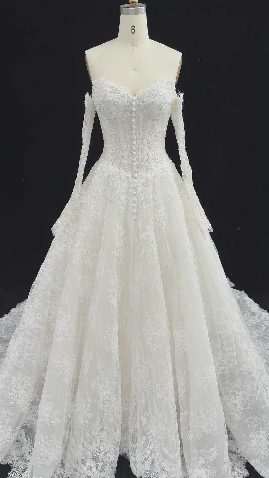 Load video: White Full Lace Ball Gown Bridal Dress Sweetheart Neckline with Matching Long Sleeves SW677