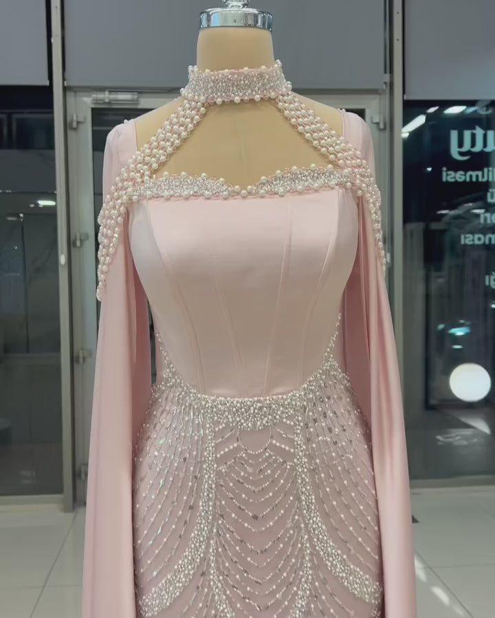 Carregar vídeo: Luxury Blush Pink Beaded Mermaid Long Evening Dress with Cape SS662