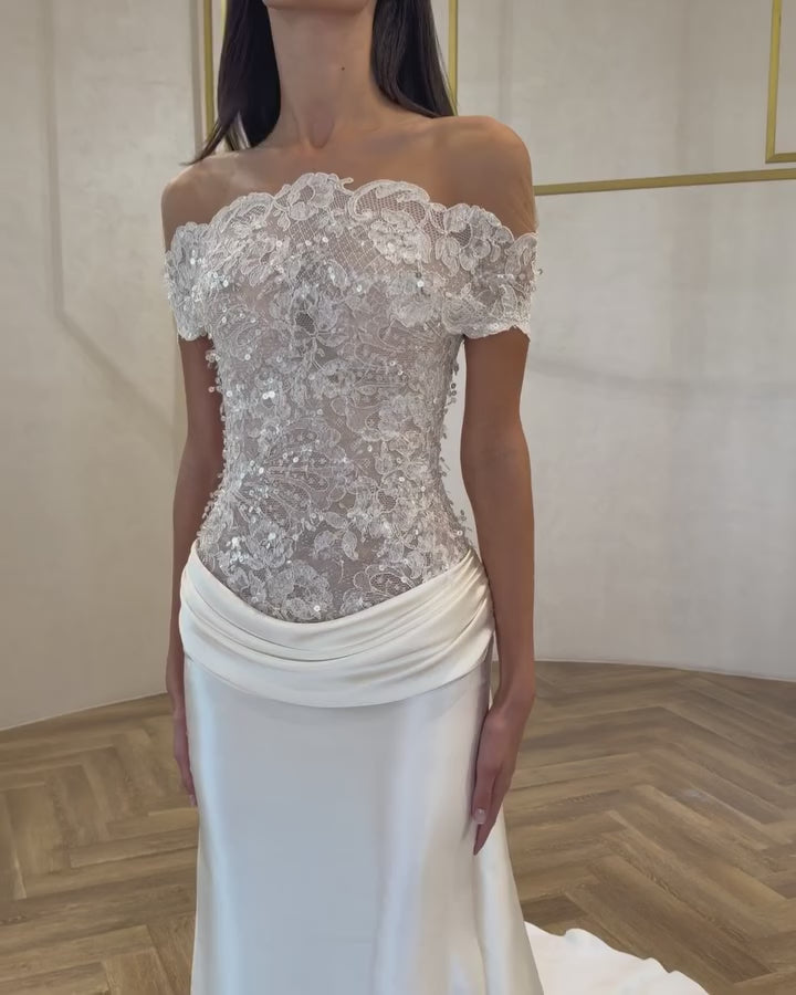 Load video: Off-the-Shoulder Lace &amp; Satin Mermaid Wedding Dress with Train &amp; Veil SW231