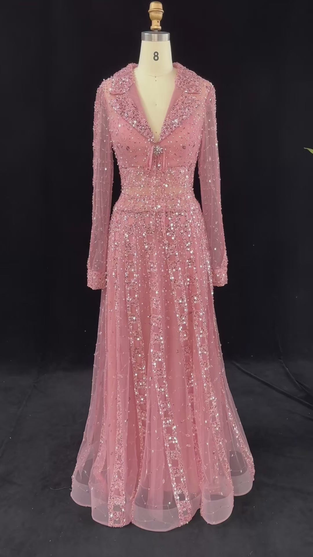 Load video: Beaded Sheer Sleeve Dusty Blue A-Line Formal Evening Dress SS419