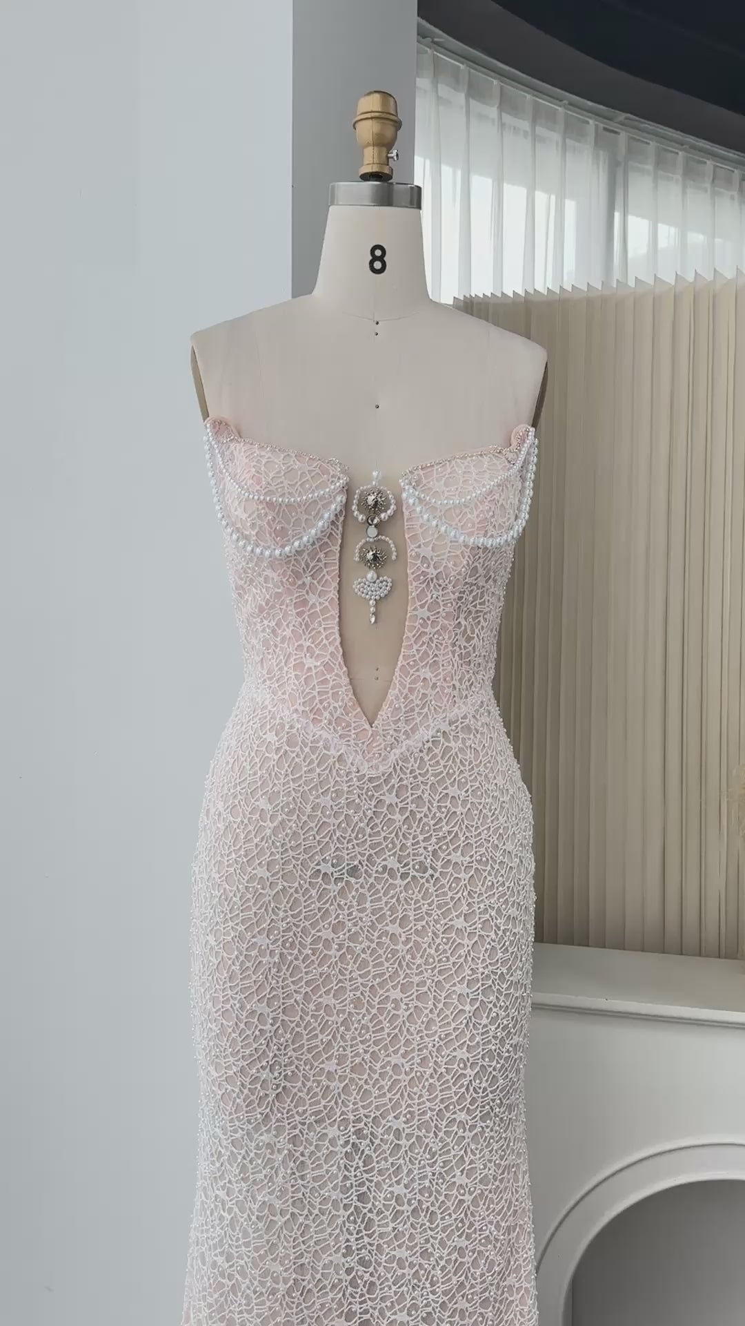 Load video: White Pearl Beaded Strapless Evening Dress ST102