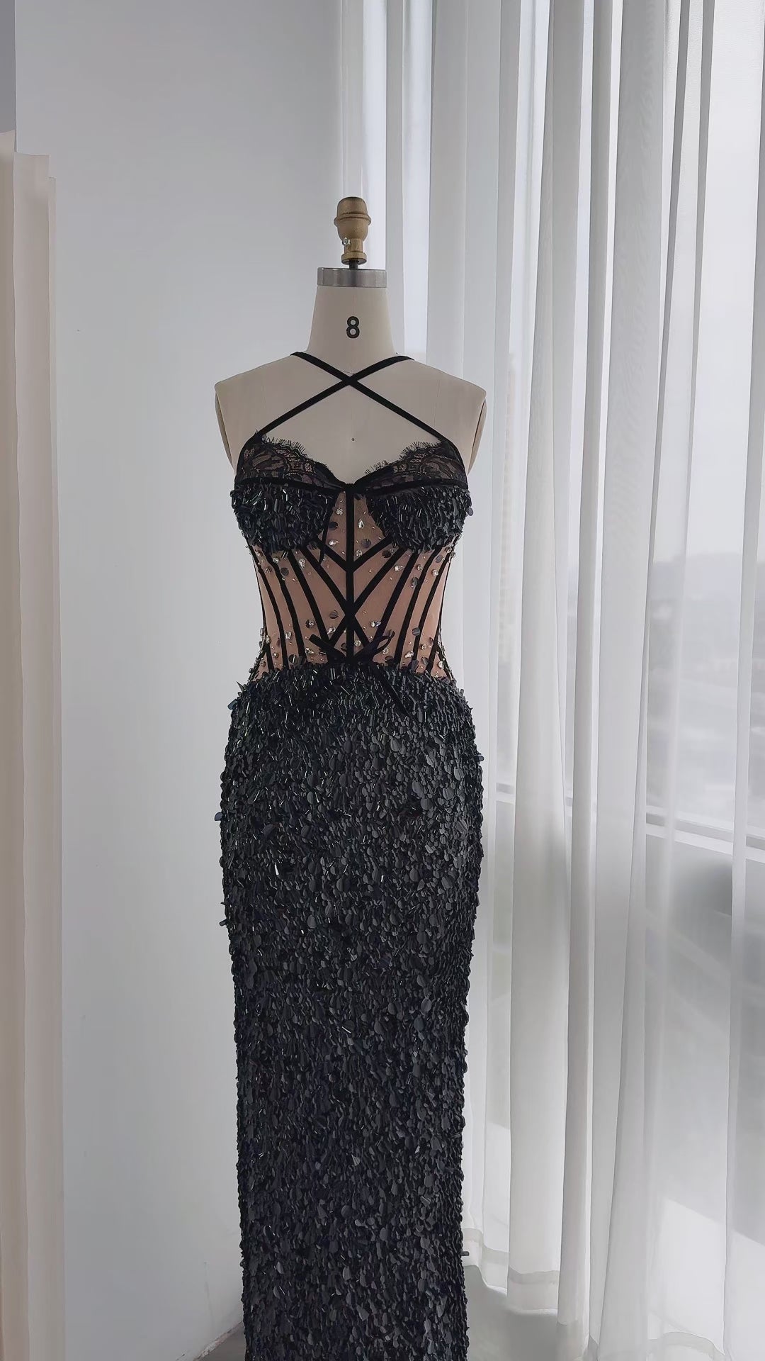 Load video: Black Halter Corset Crystal Beaded Long Dress