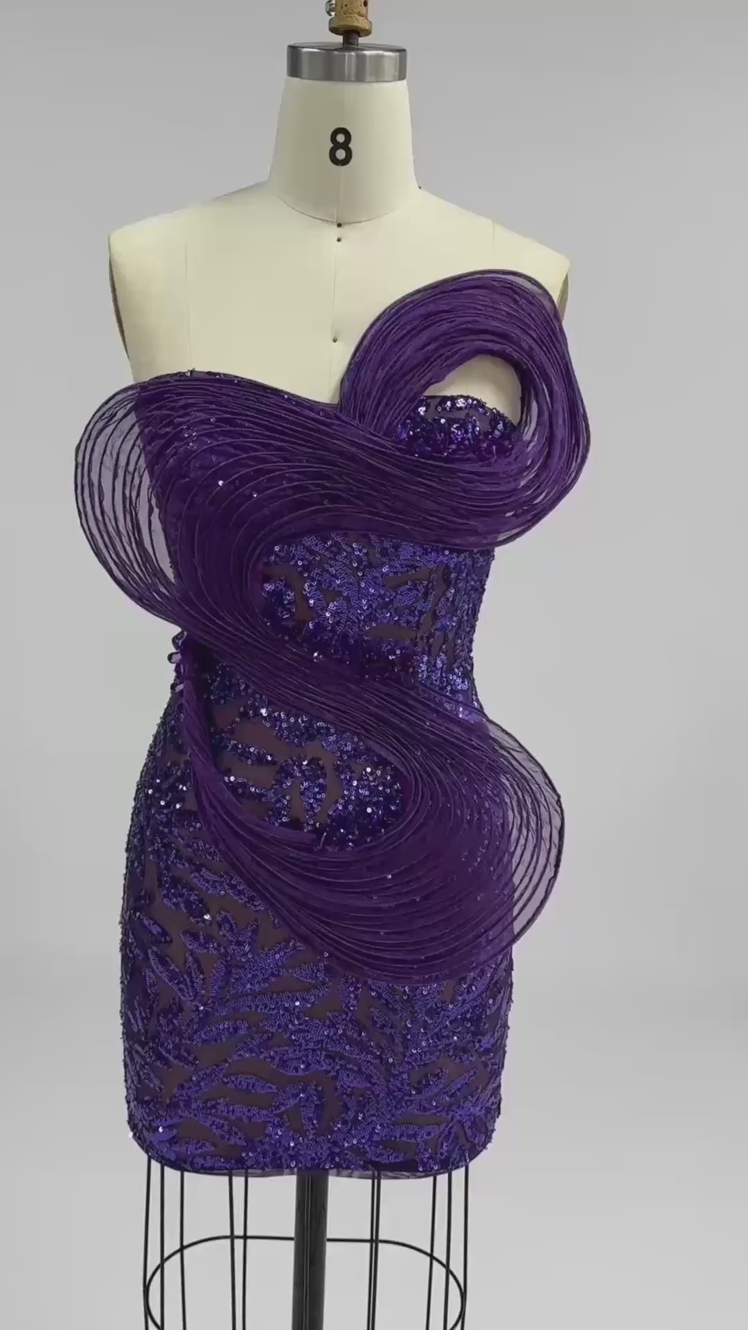 Load video: Purple Sculptural Sequin Mini Cocktail Dress ST009