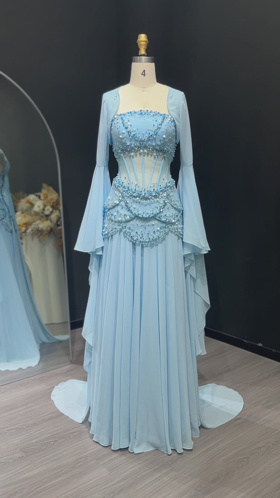 Load video: Luxury Blue Beaded Formal Evening Gown with Bell Sleeves SS286