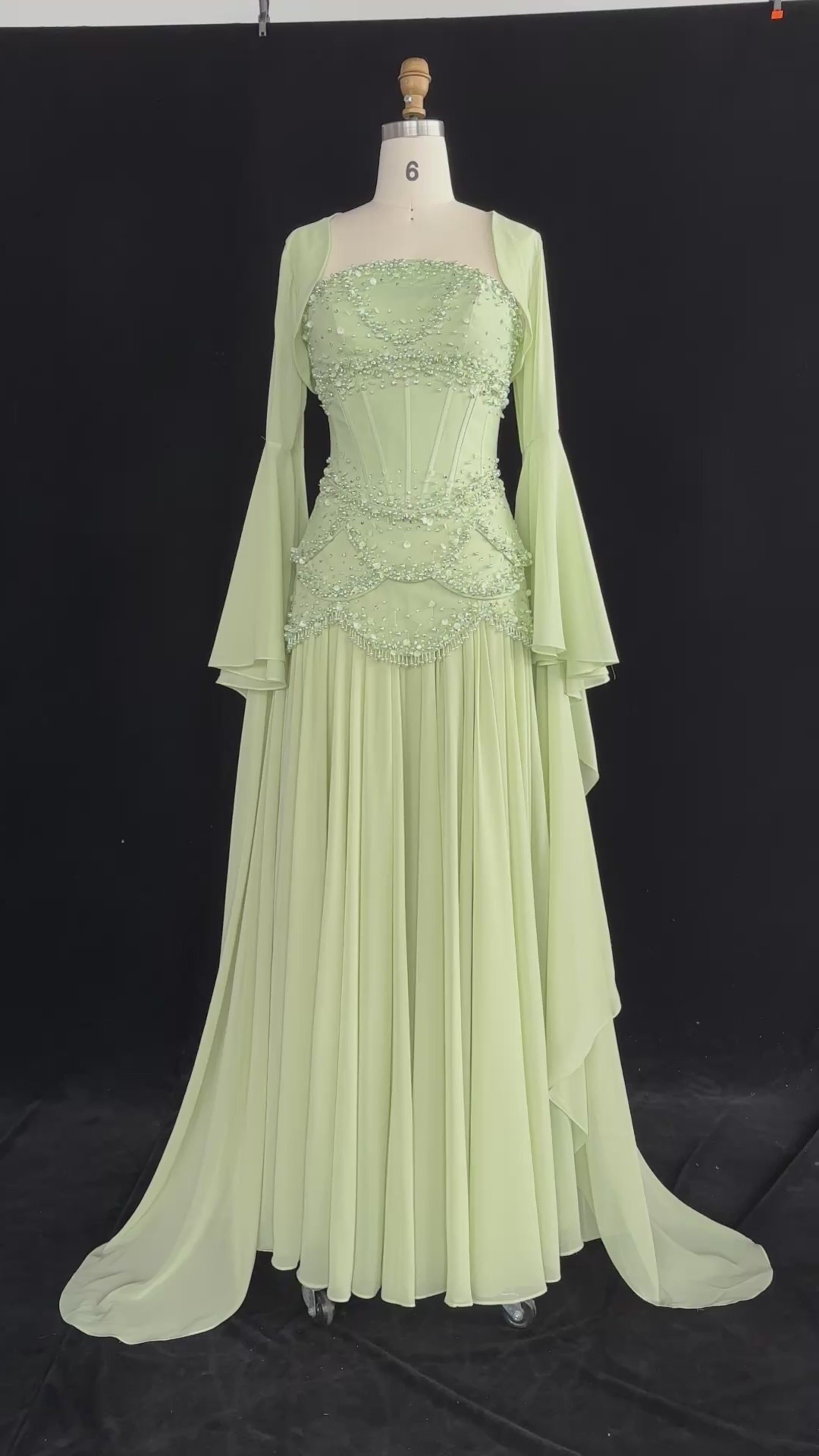 Load video: Luxury Blue Beaded Formal Evening Gown with Bell Sleeves SS286