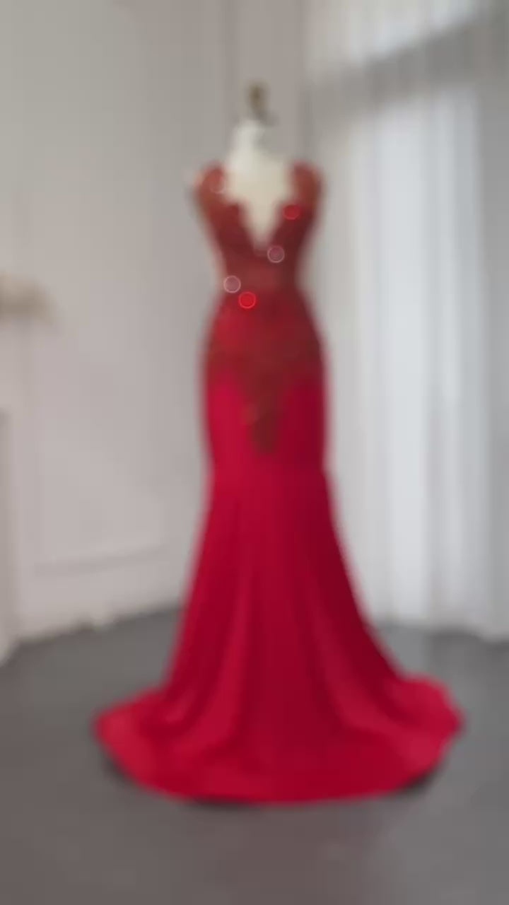 Load video: Luxury Red Mermaid Black Girls Prom Dresses for Women Birthday Party