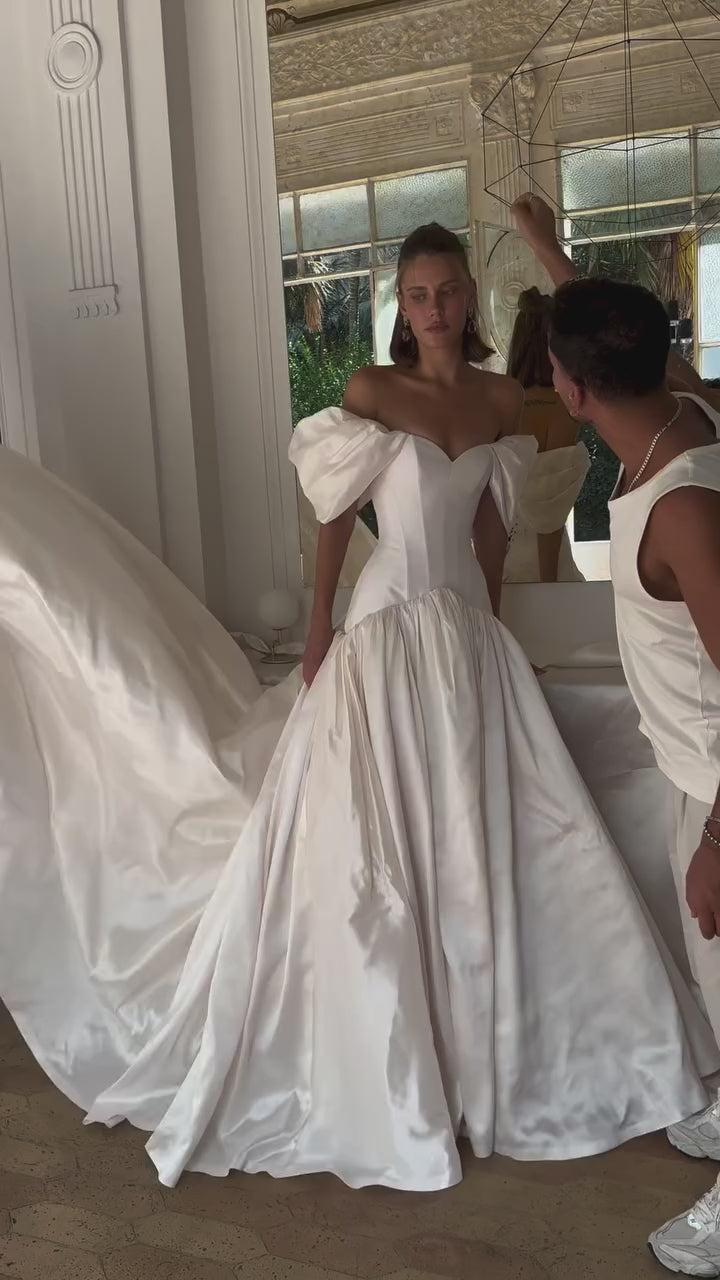 Load video: Off-the-Shoulder Satin Ball Gown Wedding Dress SW192