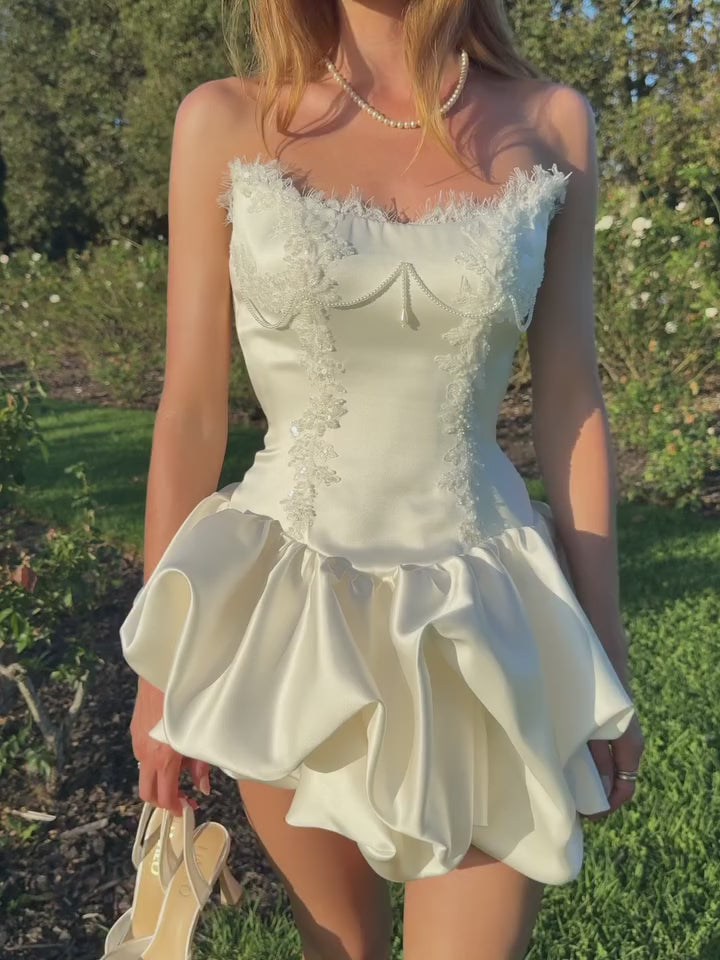 Load video: Elegant Ivory Satin Strapless Eyelash Lace Mini A-Line Wedding Dress SW726