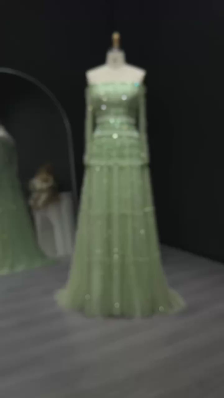 Load video: Green Off-Shoulder Long Sleeve Beaded A-Line Evening Dress SS588