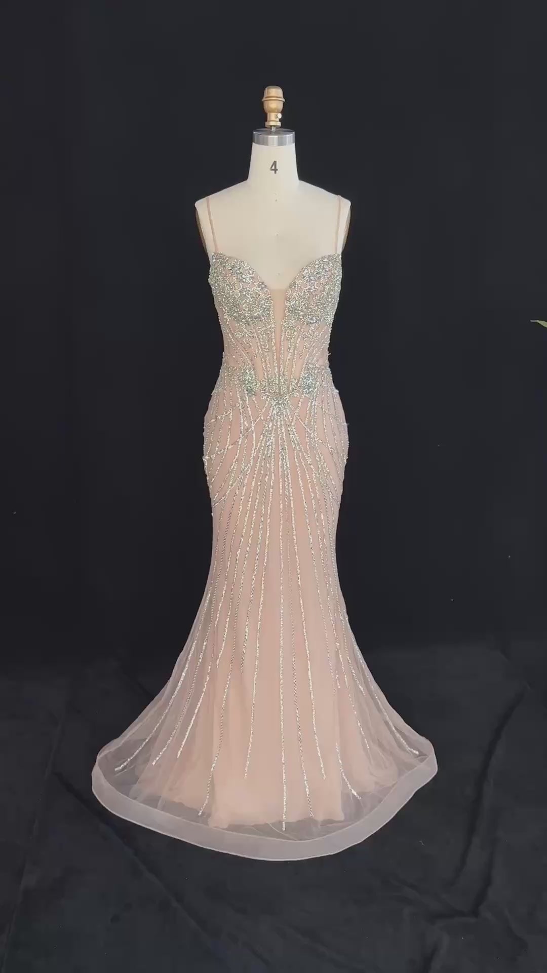 Load video: Romantic Champagne Spaghetti Strap All Over Stream Crystal Prom Dress SH194