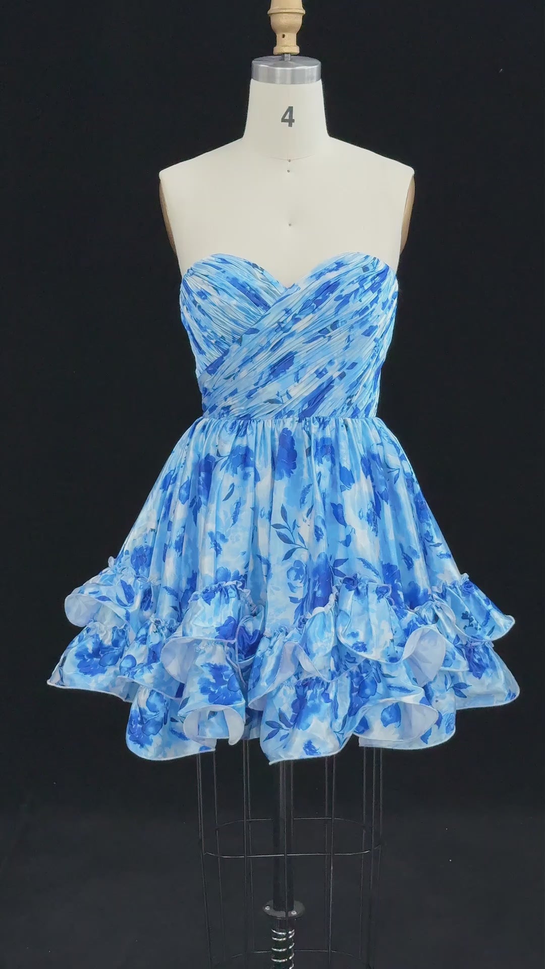 Load video: Blue Floral Print Strapless Ruffled Tulle Mini Homecoming Dress RM176
