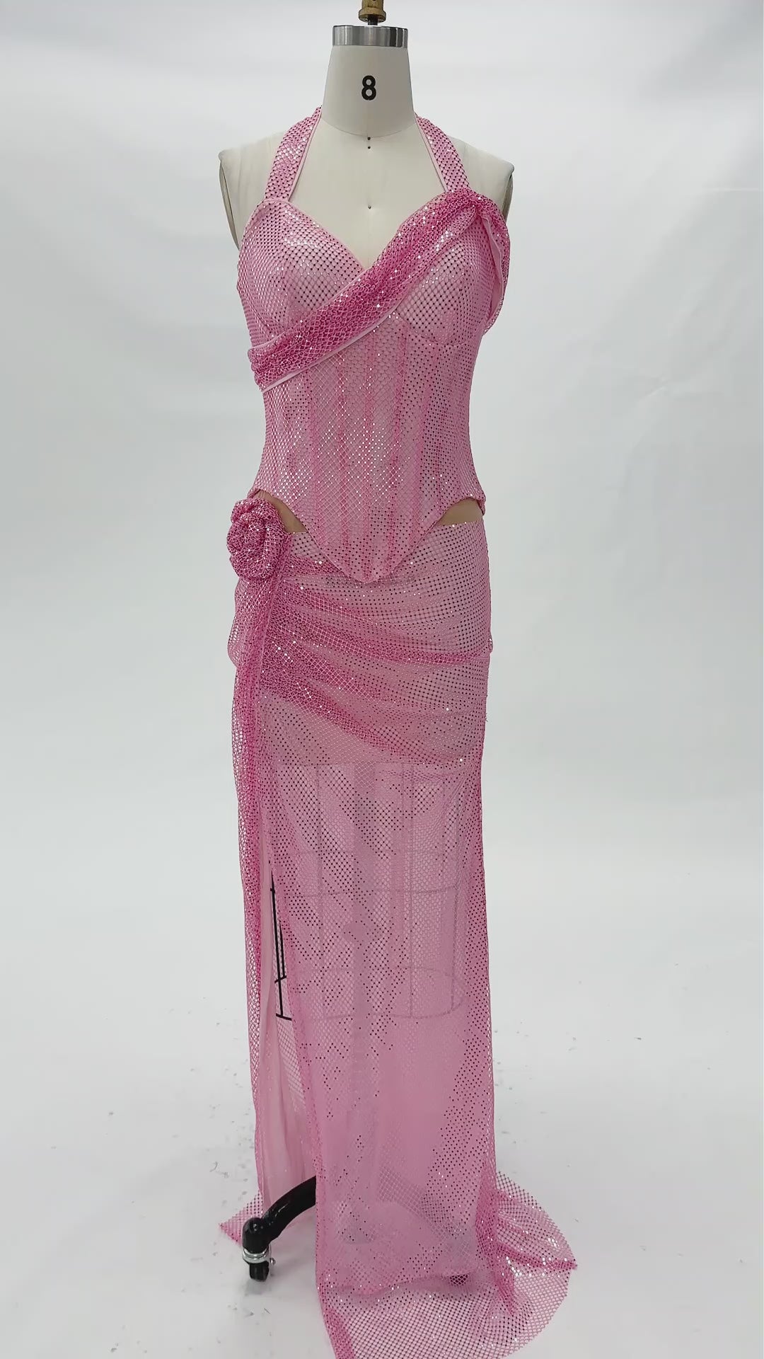 Cargar vídeo: Pink Sequin Halter Corset High Slit Maxi Evening Dress ST036