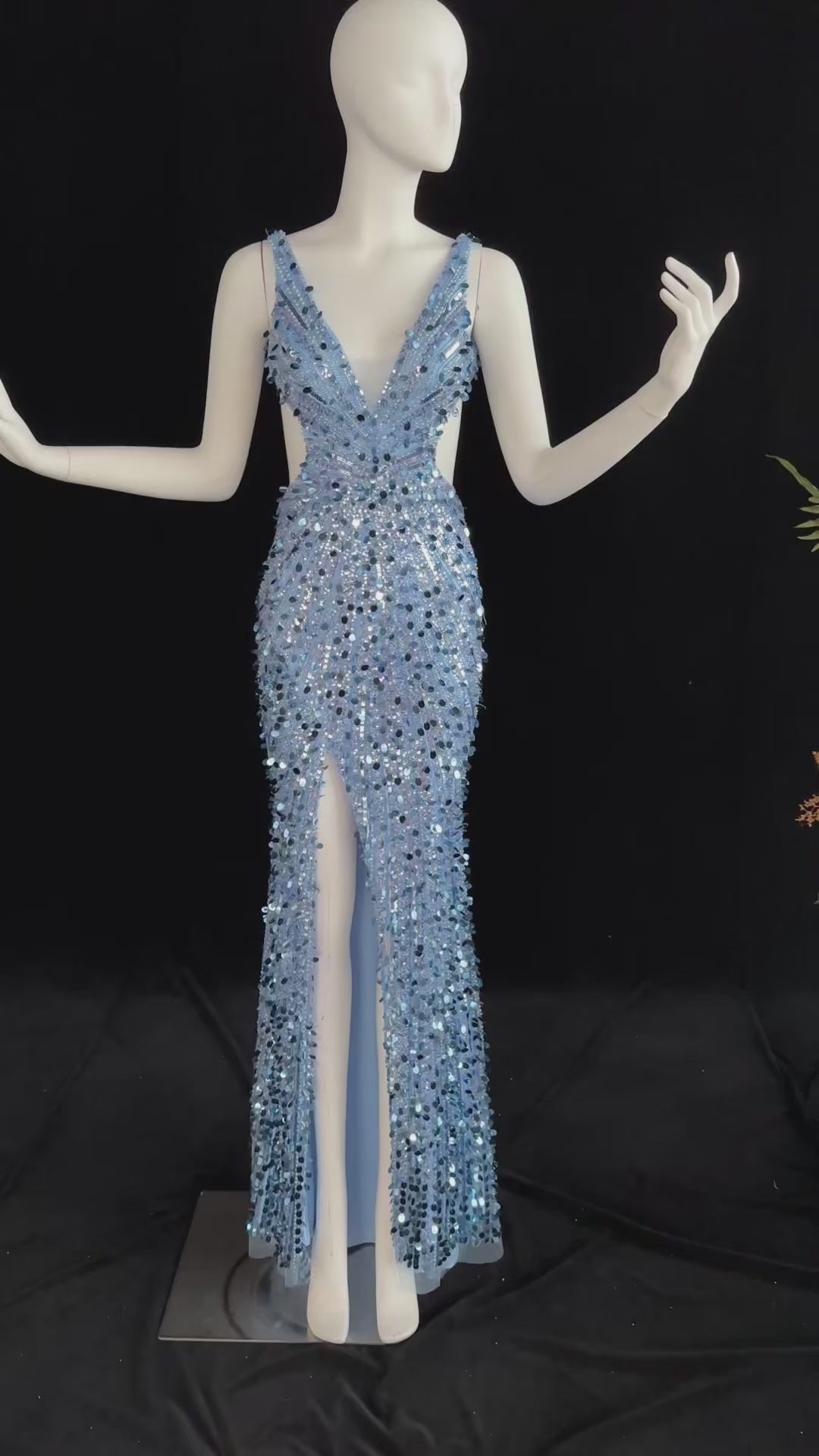 Load video: Aqua/ Blue Satin Mermaid Evening Dress deep V sleeveless high slit mermaid gown  SH354