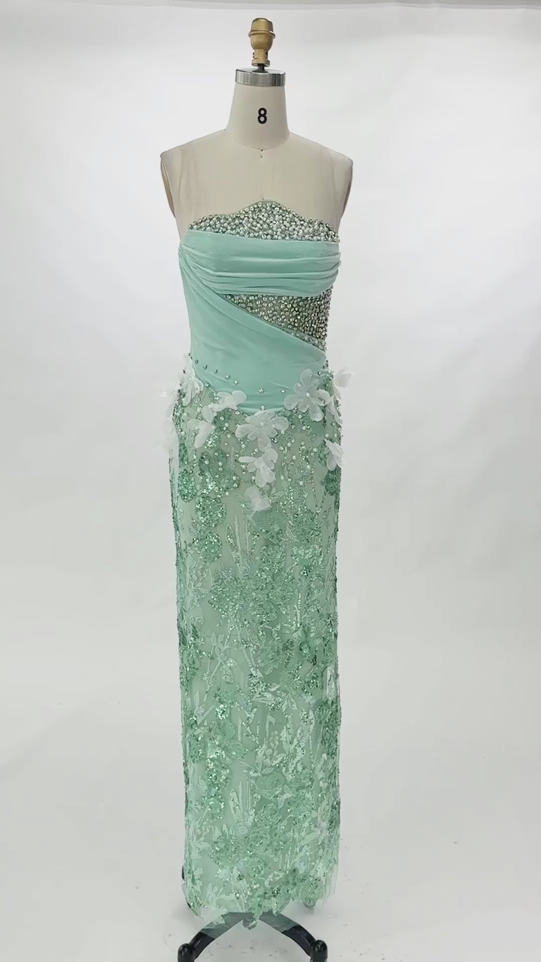 Carica video: Green Strapless Sequin Floral Evening Dress ST090