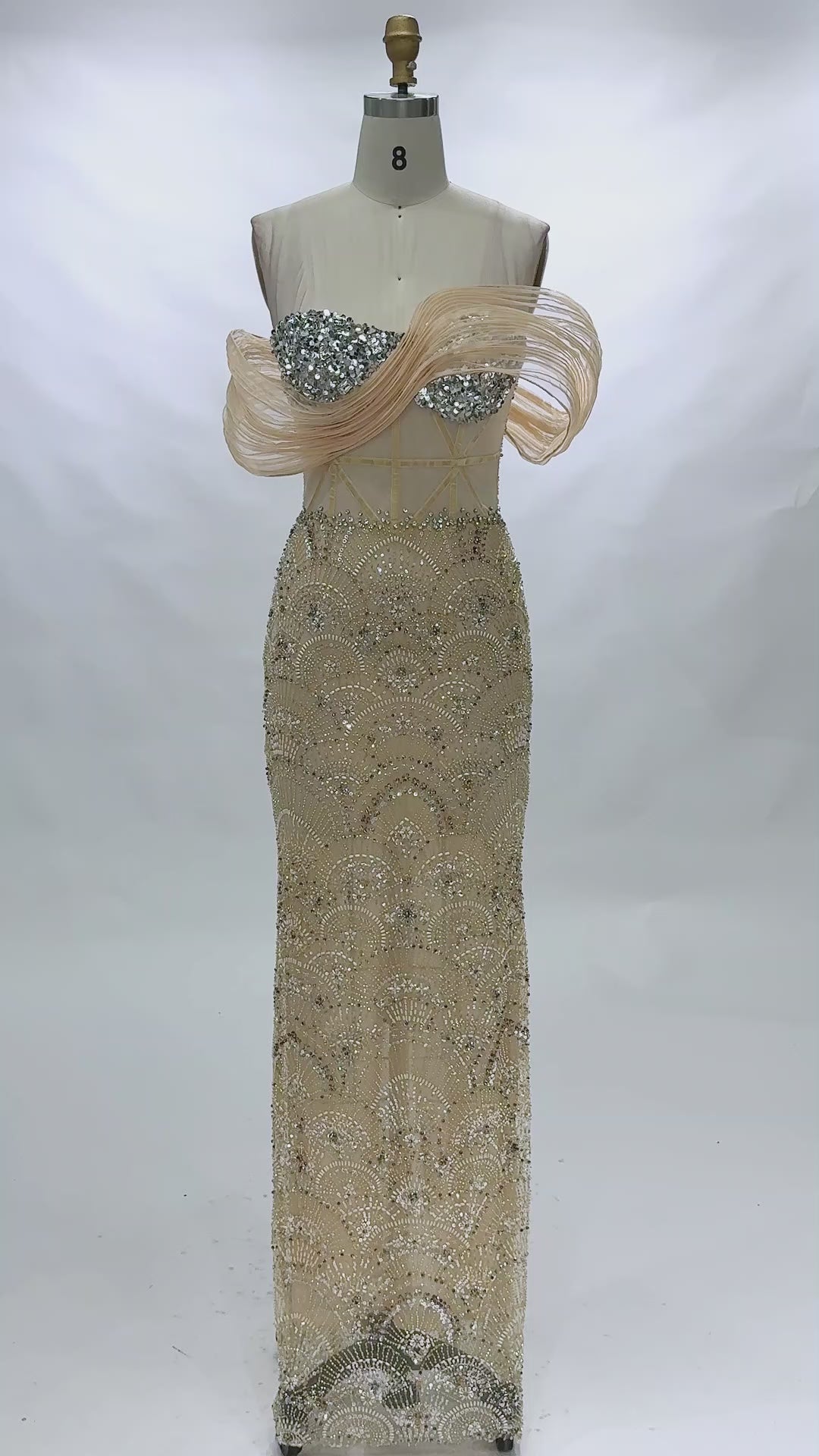 Load video: Champagne Off Shoulder Corset Evening Dress ST100