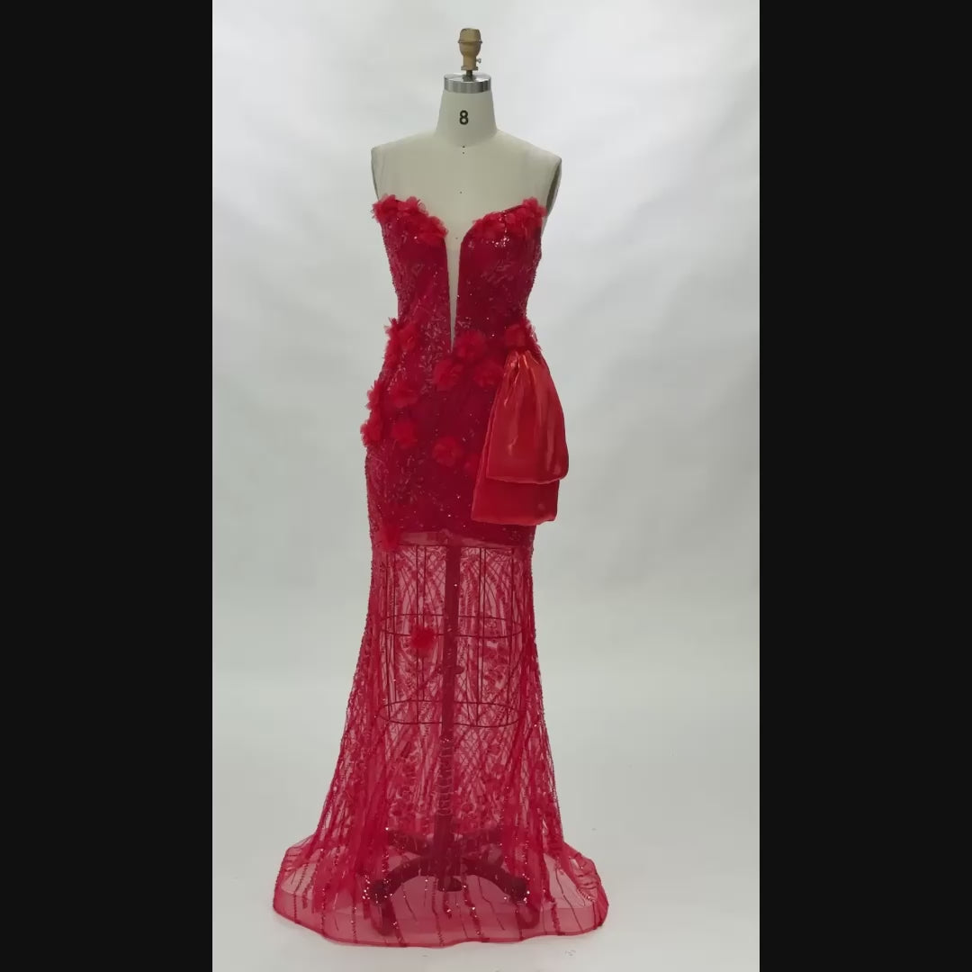 Carica video: Red Strapless Sequin Sheer Mesh Evening Dress ST078